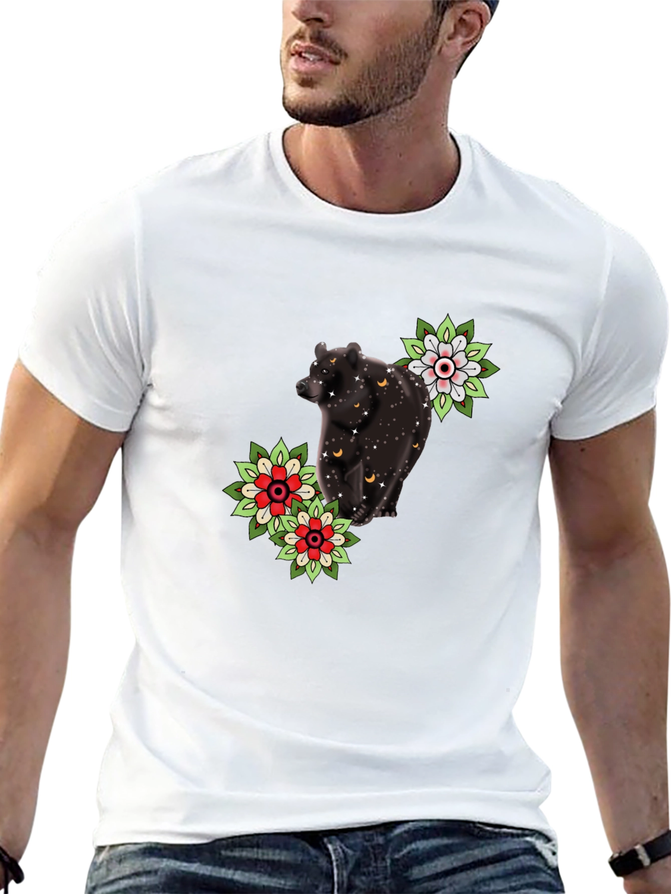 Bear & Flower Graphic Tee - Black