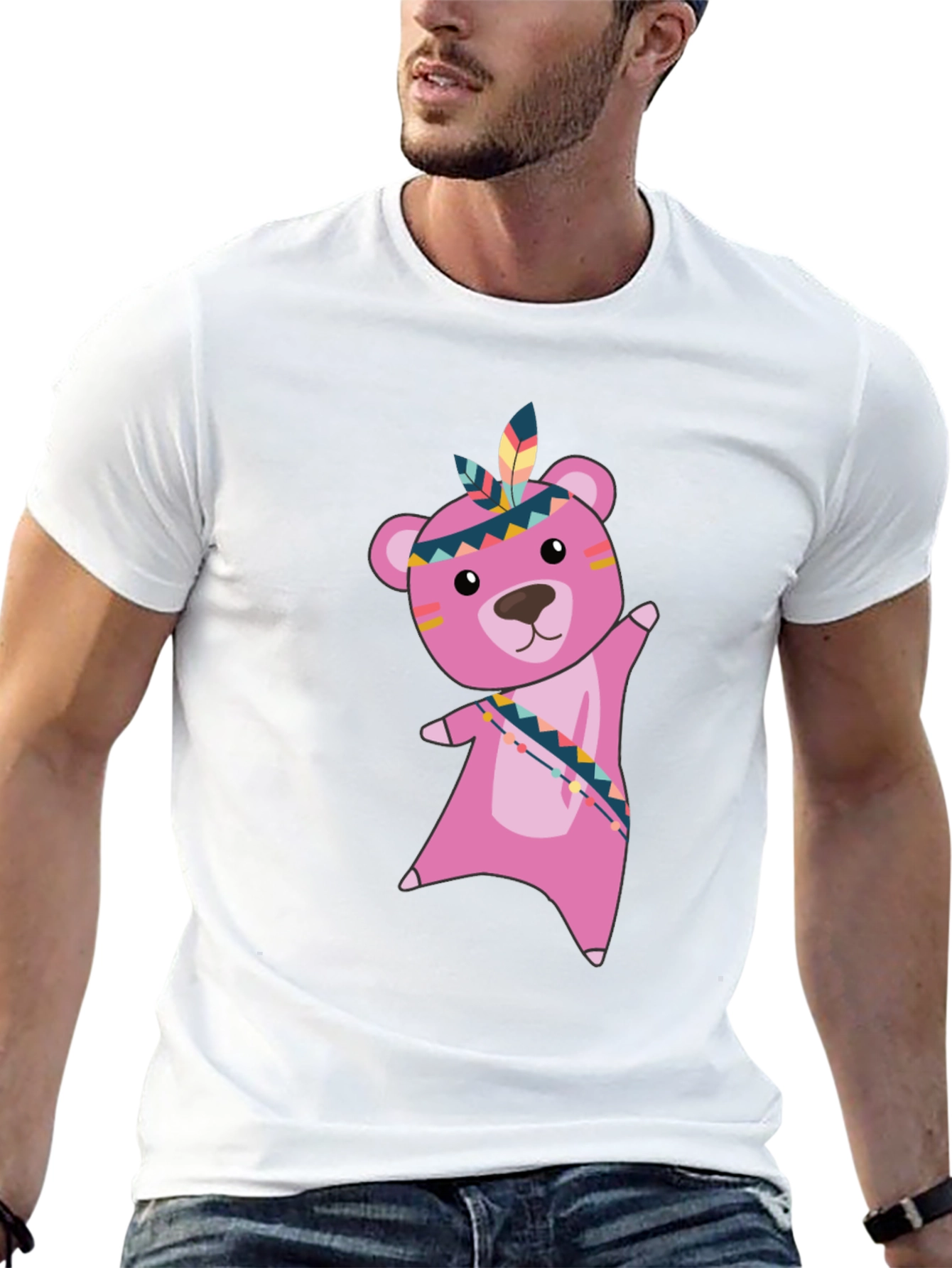 Black T-Shirt with Pink Native American Bear Graphic
