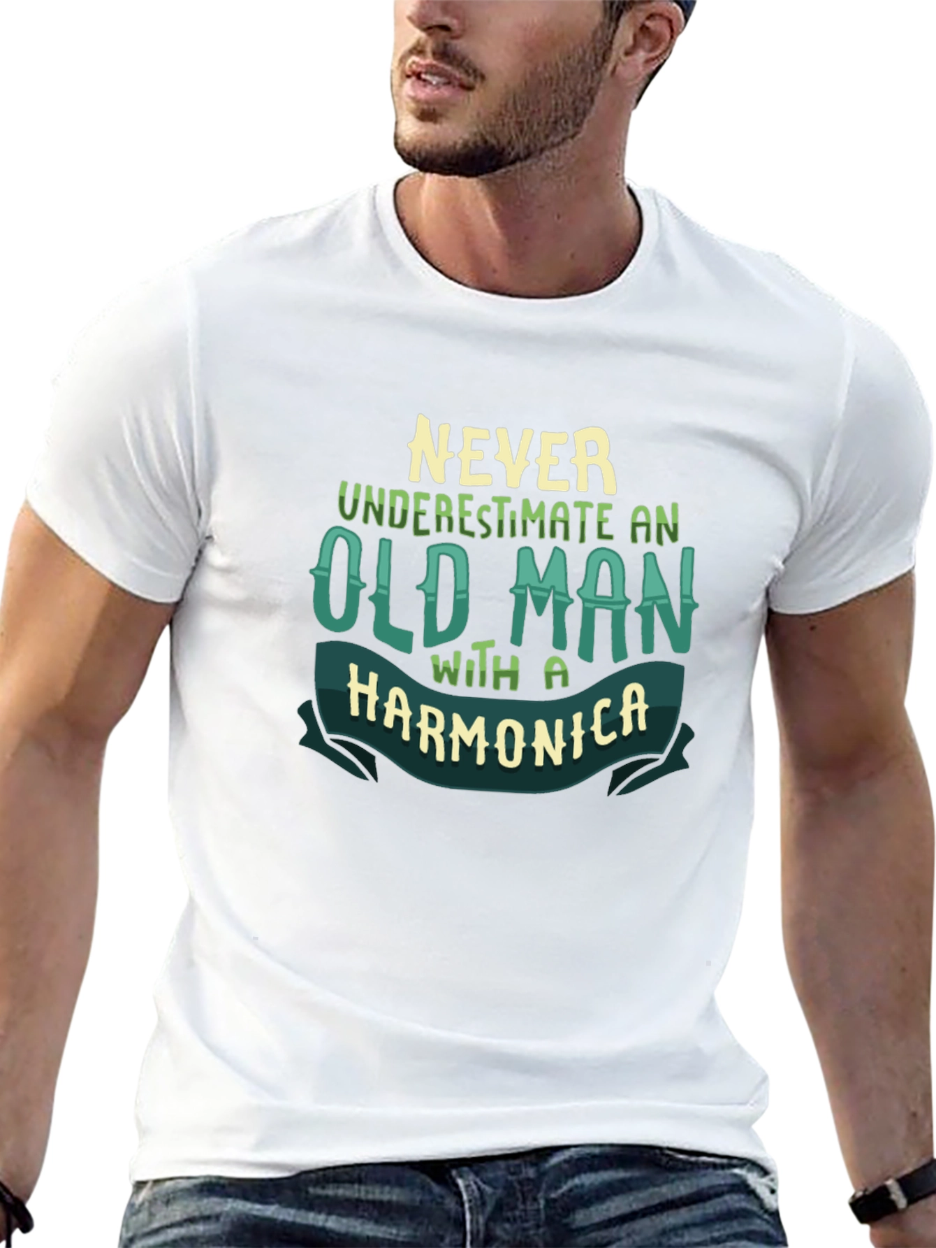 Never Underestimate Old Man With Harmonica Black T-Shirt