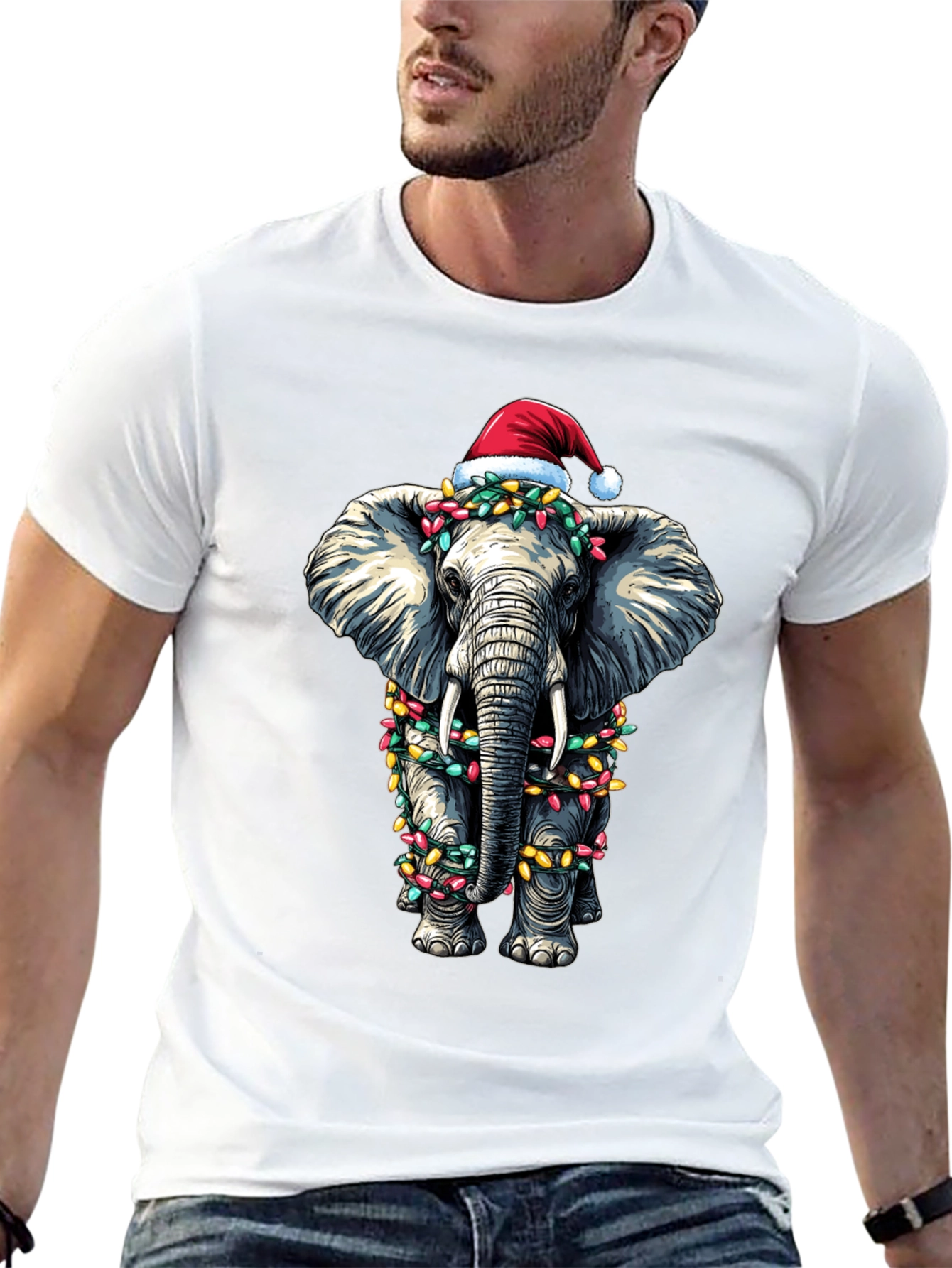 Christmas Elephant T-Shirt - Holiday Lights & Santa Hat