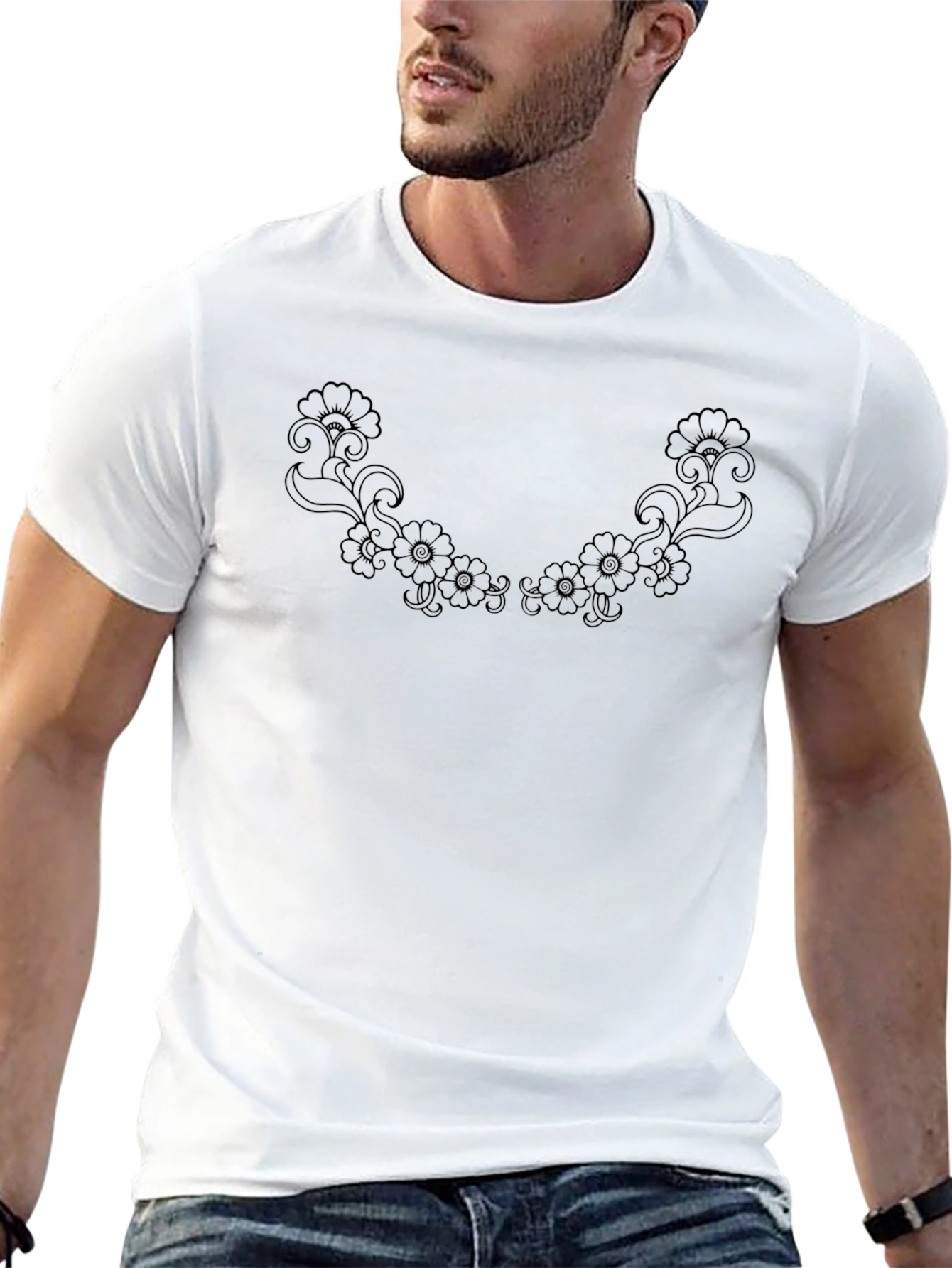 Floral Neckline Tee - Elegant Black Cotton T-Shirt