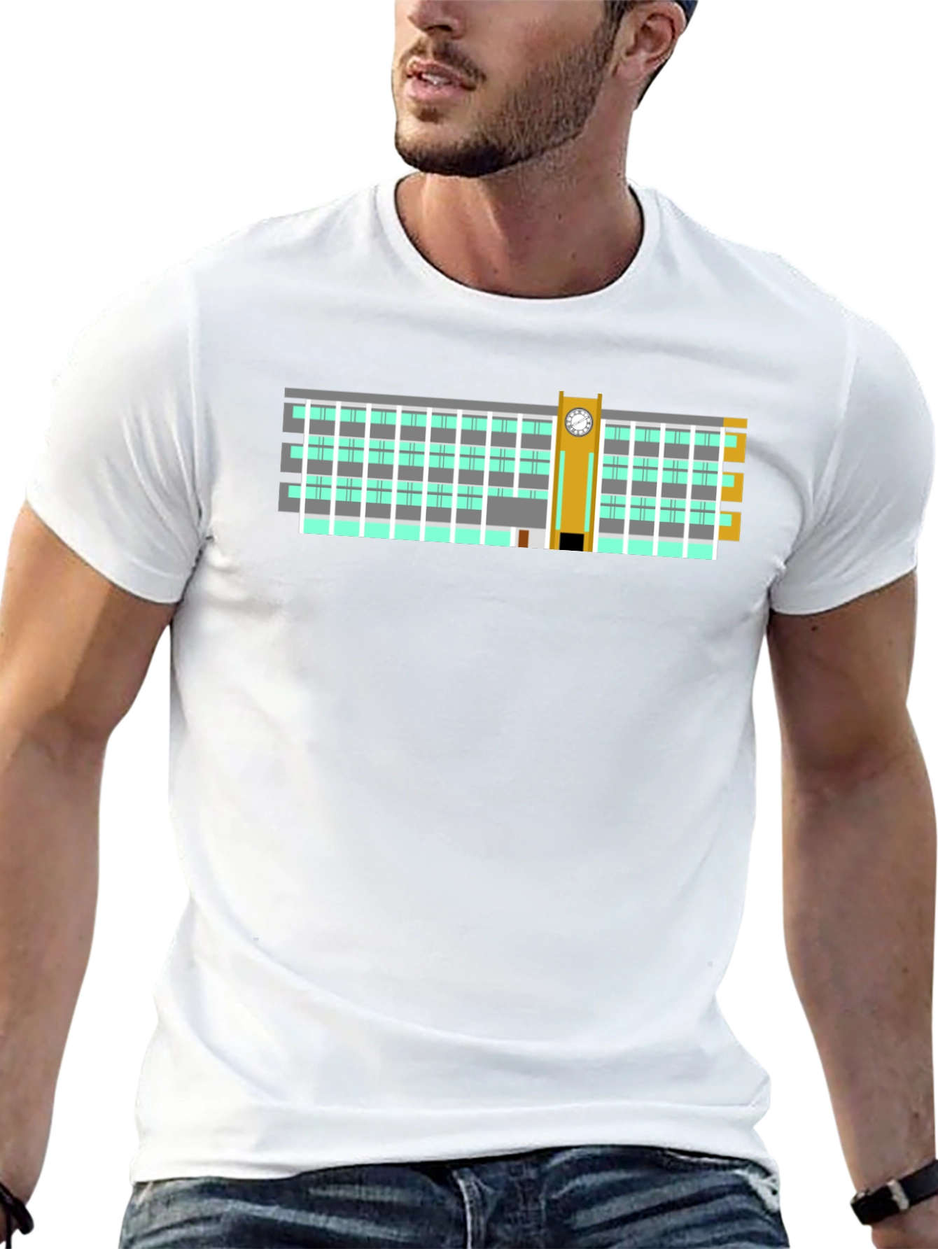 Clock Tower Building Graphic Tee - Black Cotton T-Shirt