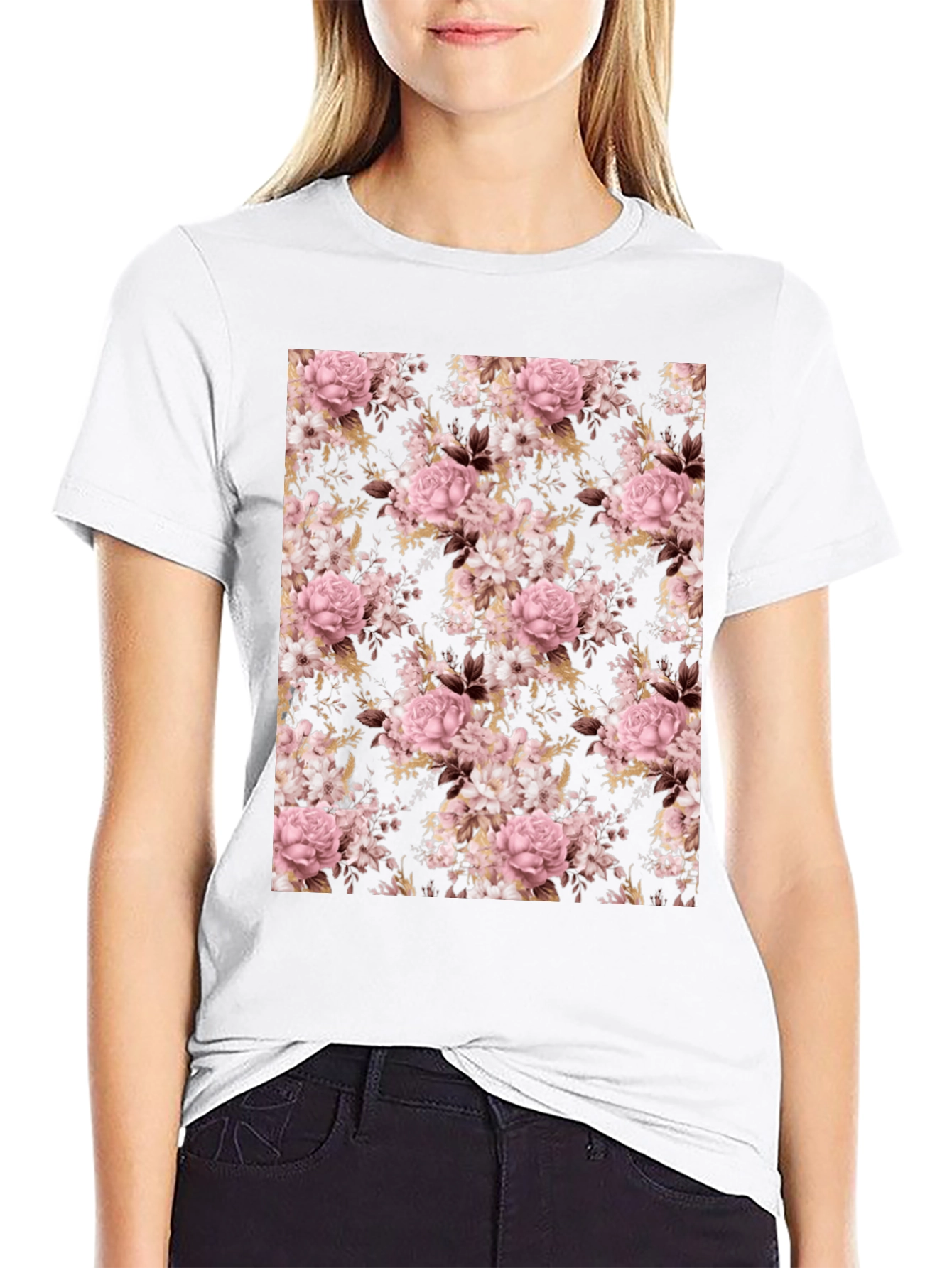 Floral Print Black Crew Neck T-Shirt
