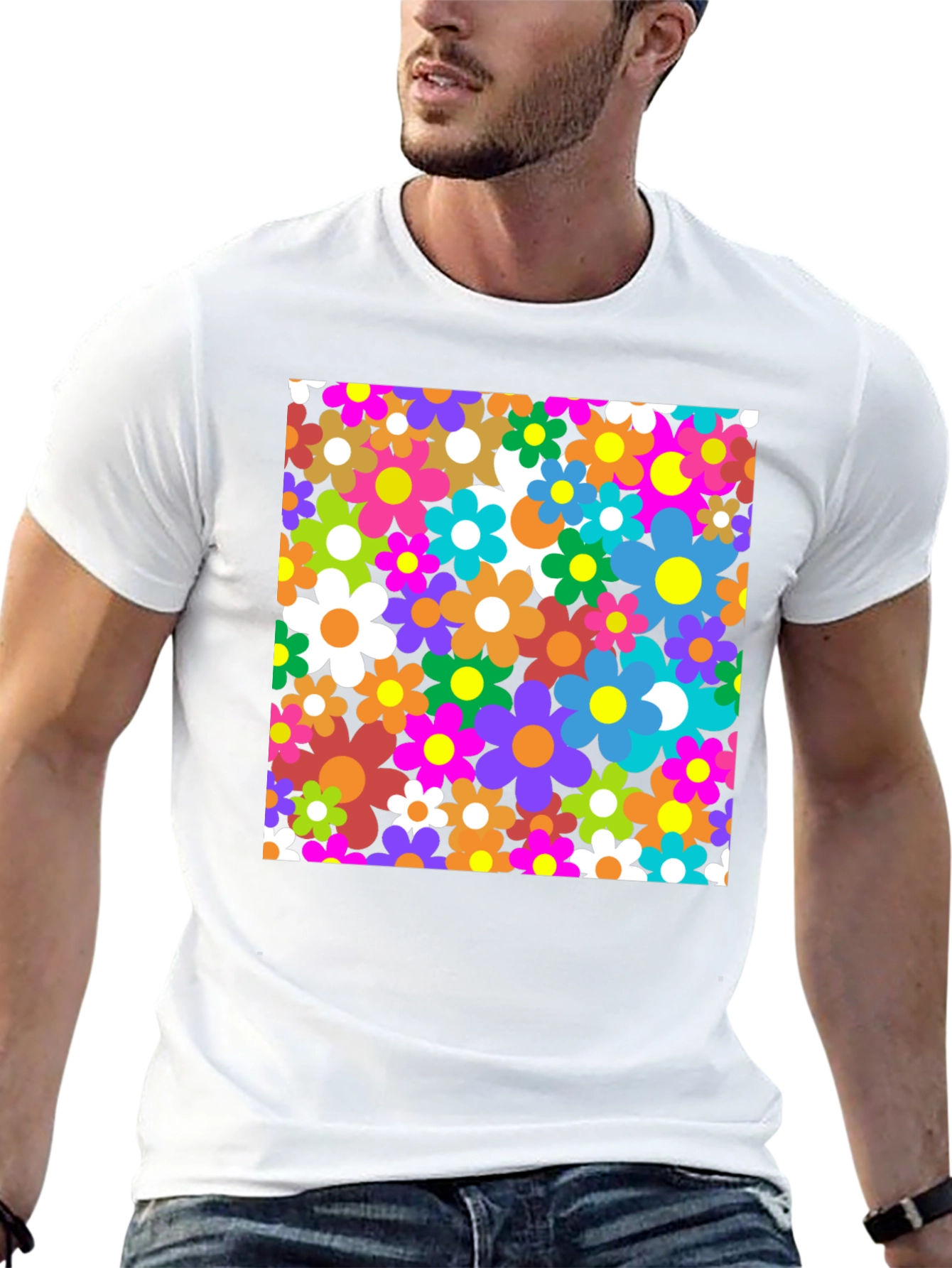 Retro Floral Graphic Tee - Black Cotton