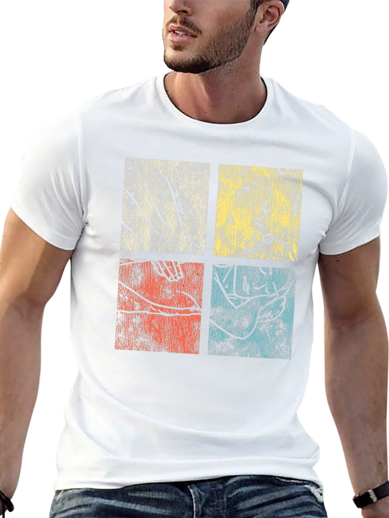 Retro Botanical Graphic Tee - Unique Four Panel Design