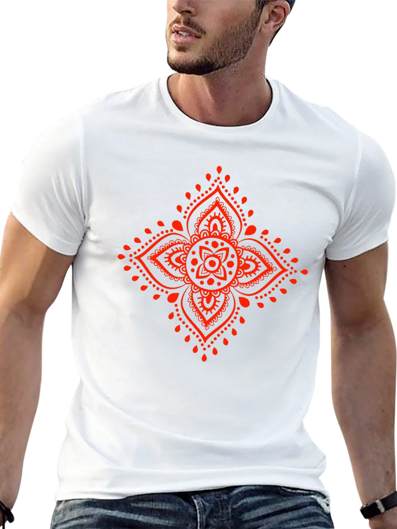 Black Tee with Red Mandala Graphic Print