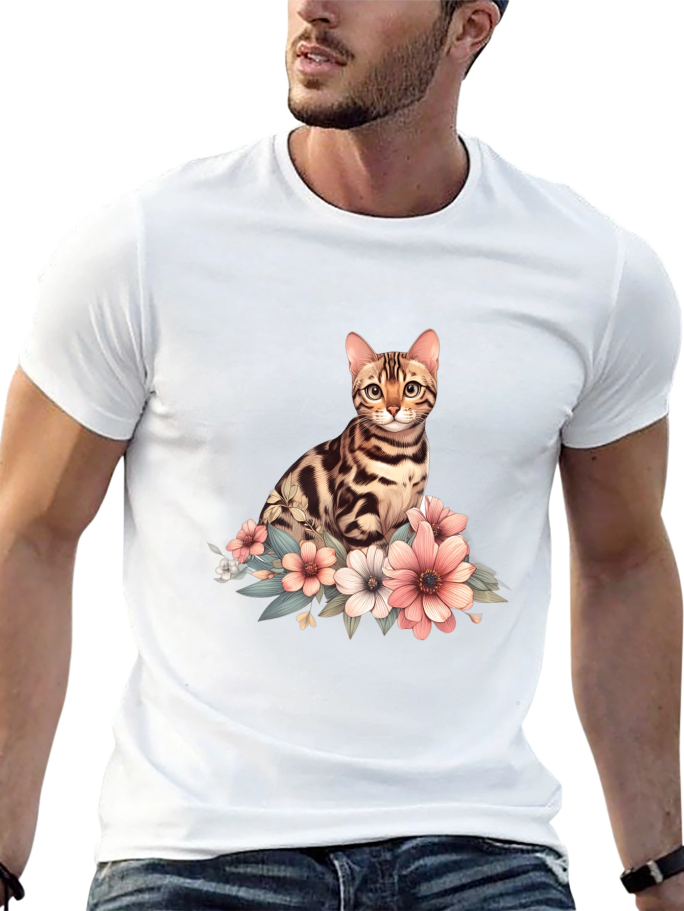 Cat and Flowers Graphic T-Shirt