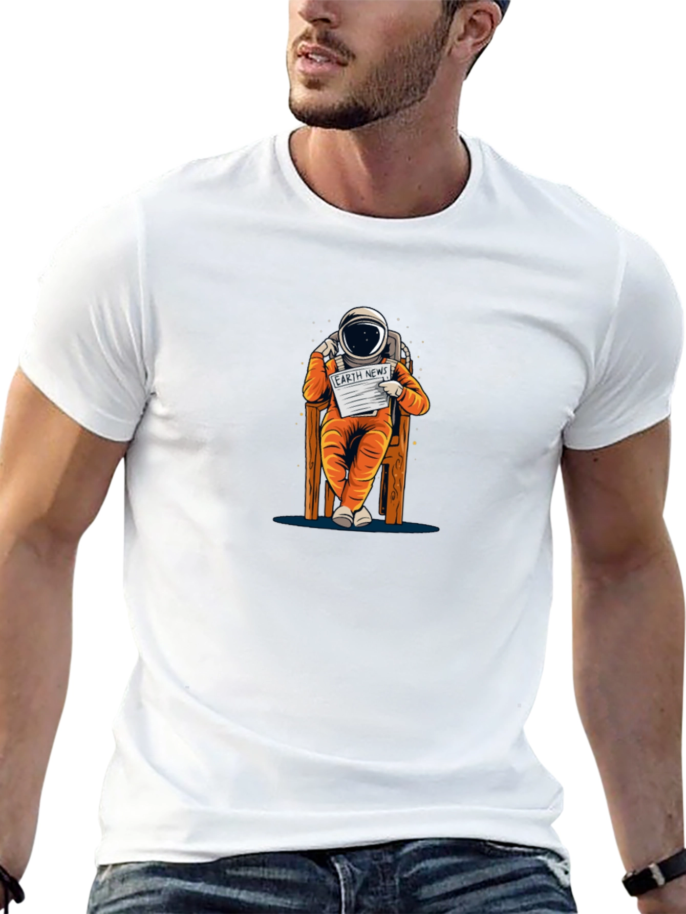 Astronaut Reading Newspaper Graphic T-Shirt - Black