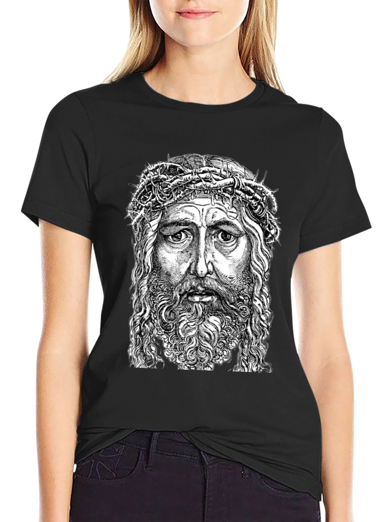 Jesus Portrait Graphic T-Shirt - Black Cotton Blend