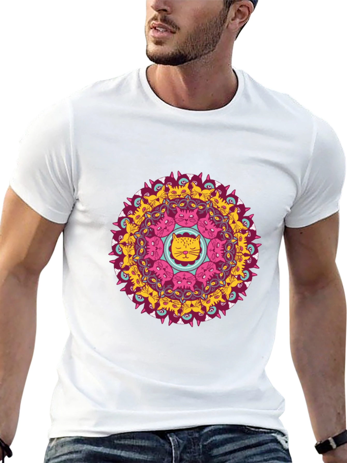 Cat Mandala Graphic T-Shirt - Black