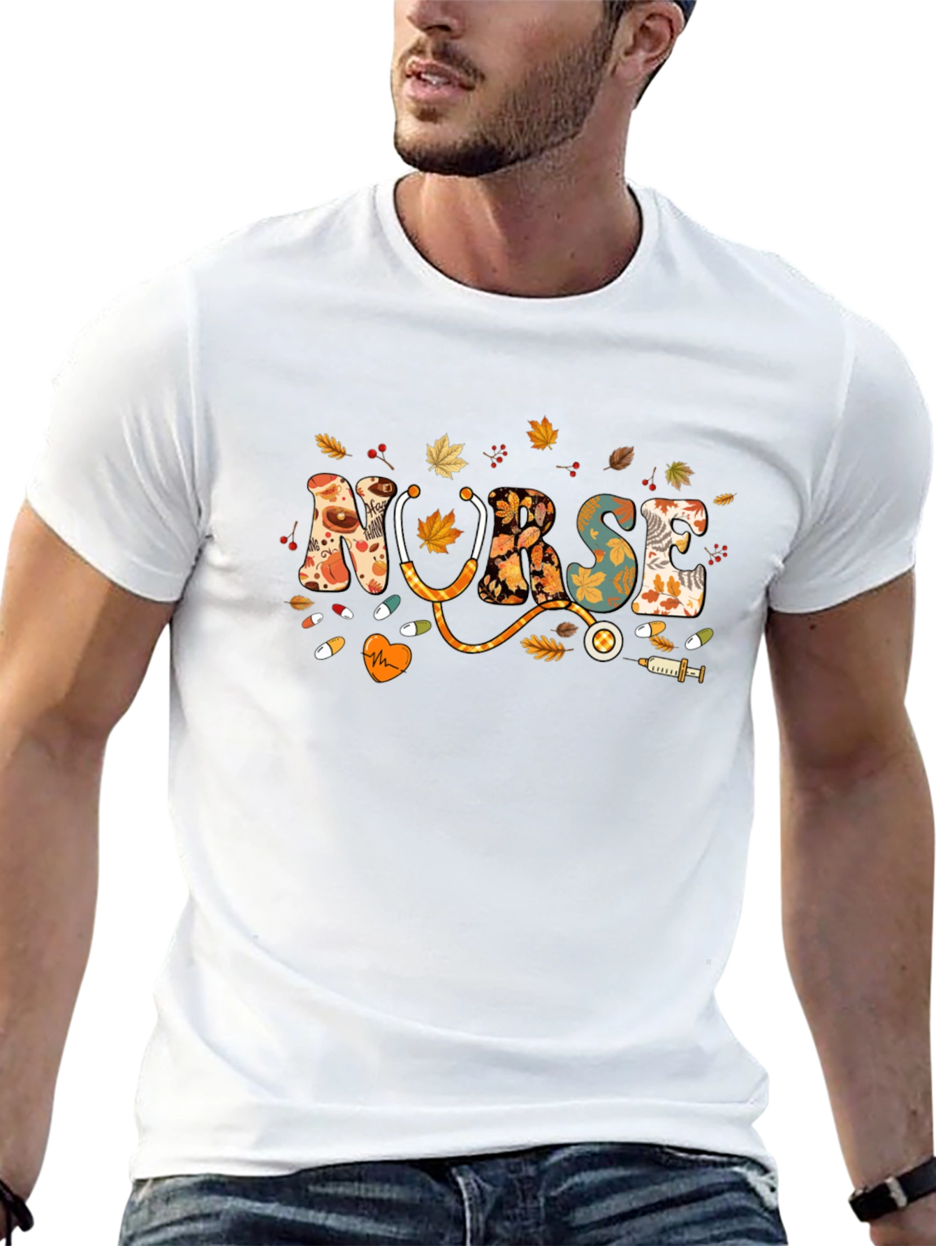 Fall Nurse T-Shirt - Autumn Leaves Design
