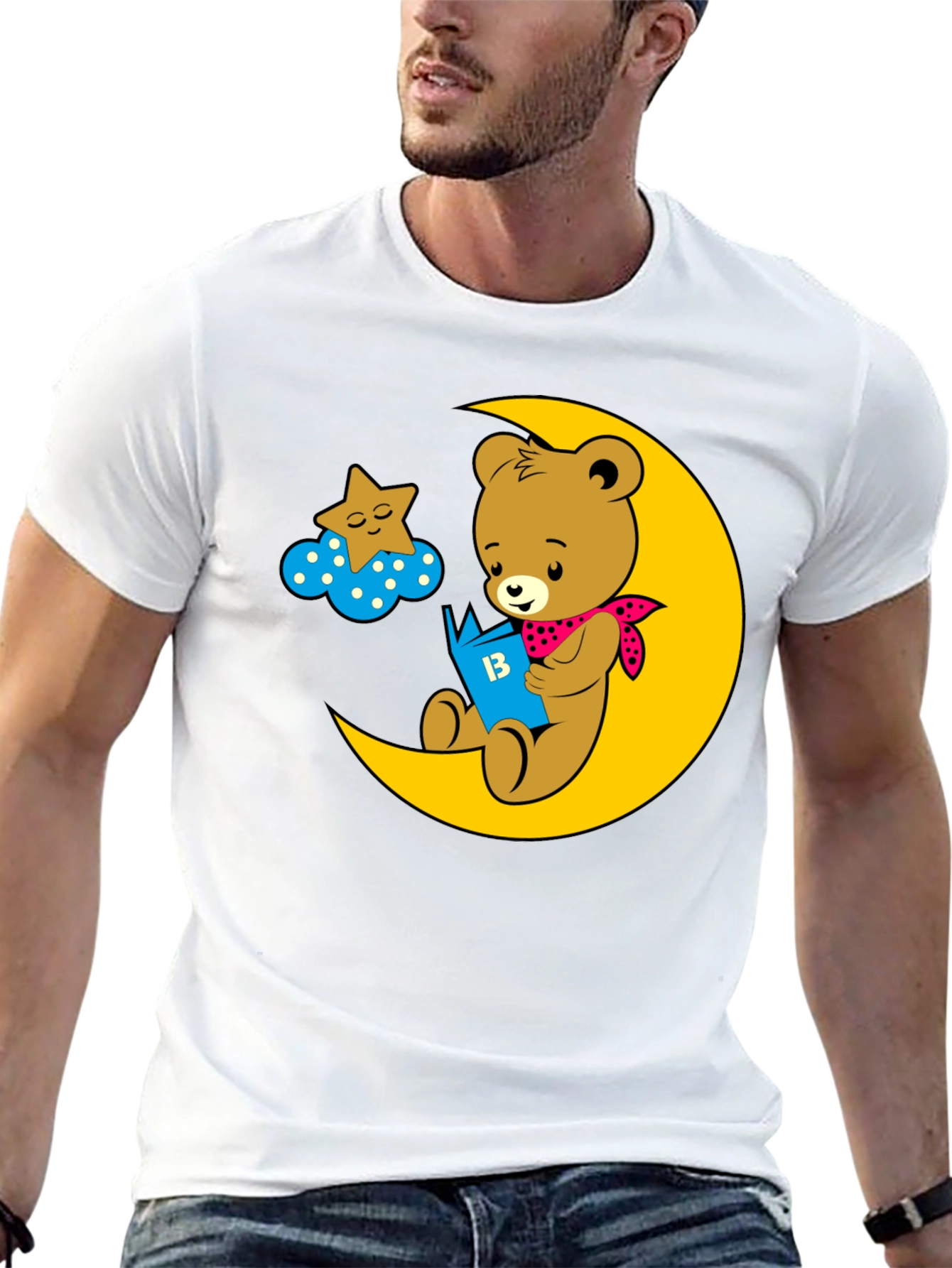 Bear Reading on Moon Graphic Tee - Black