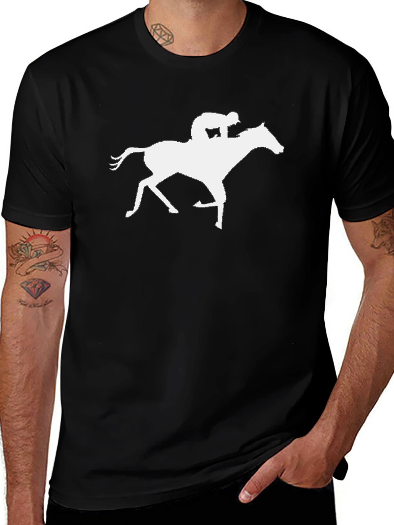 Horse Jockey Silhouette Black Cotton T-Shirt