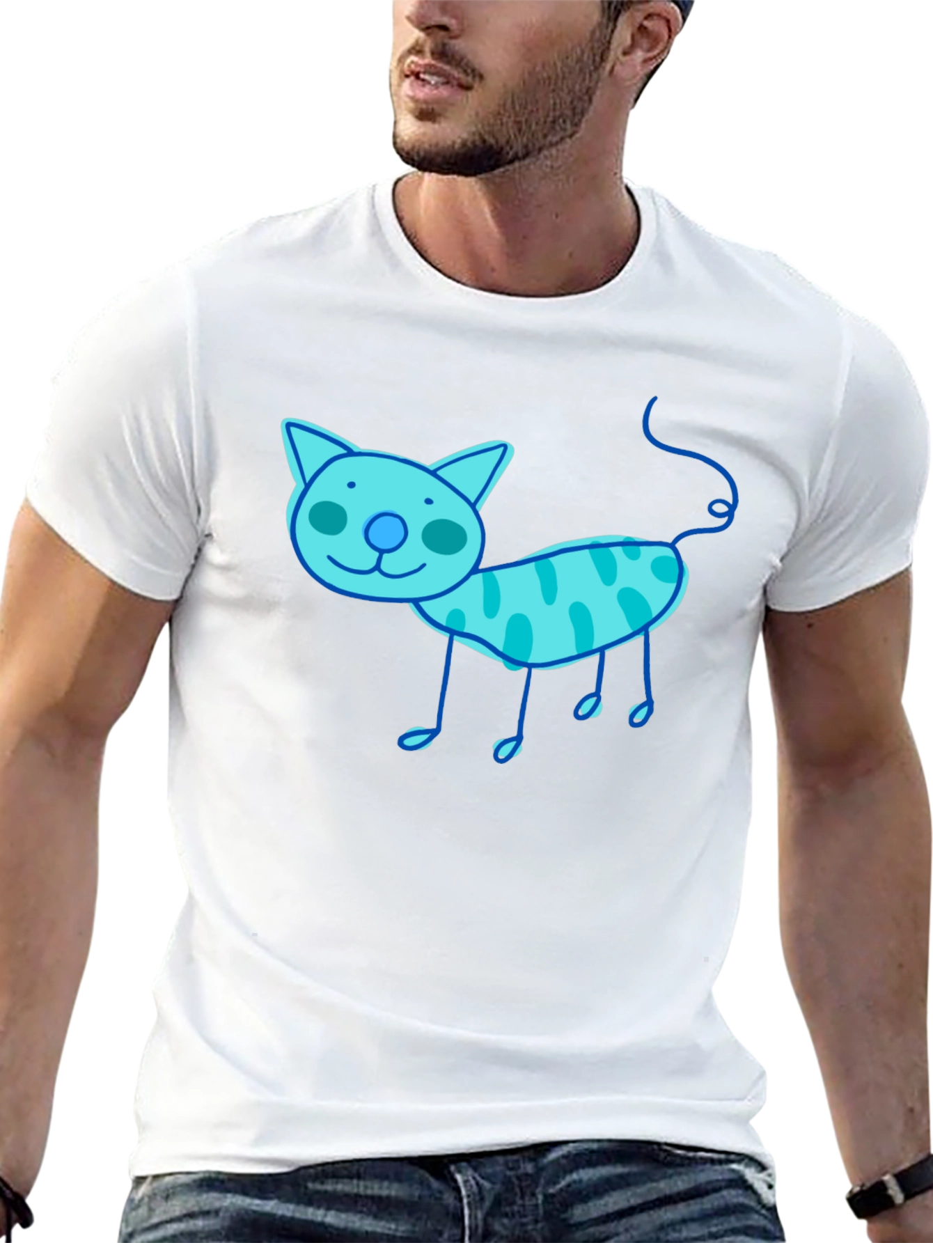 Whimsical Cat Graphic Tee - Black Cotton T-Shirt