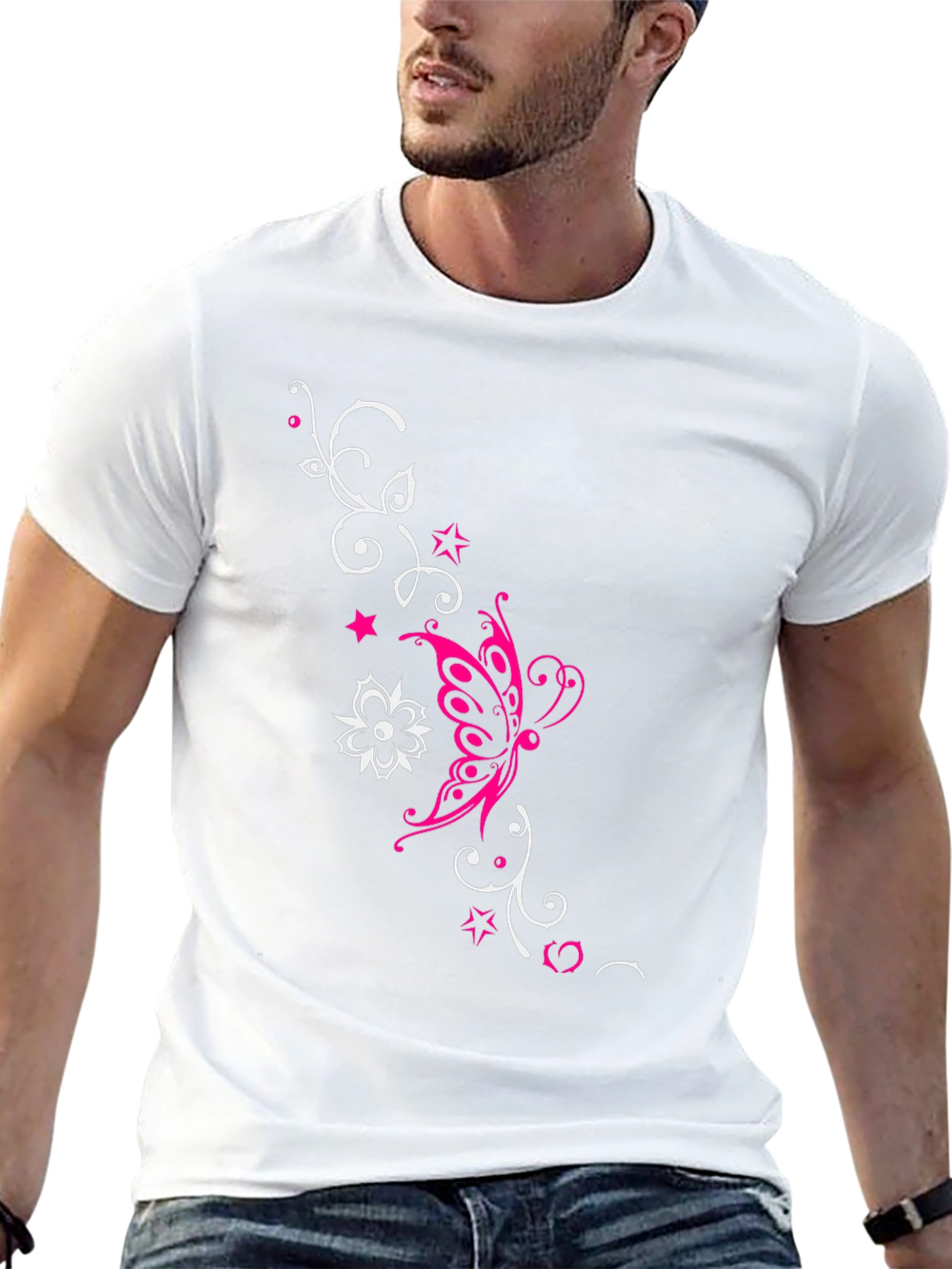 Stylish Black Tee with Butterfly Floral Design