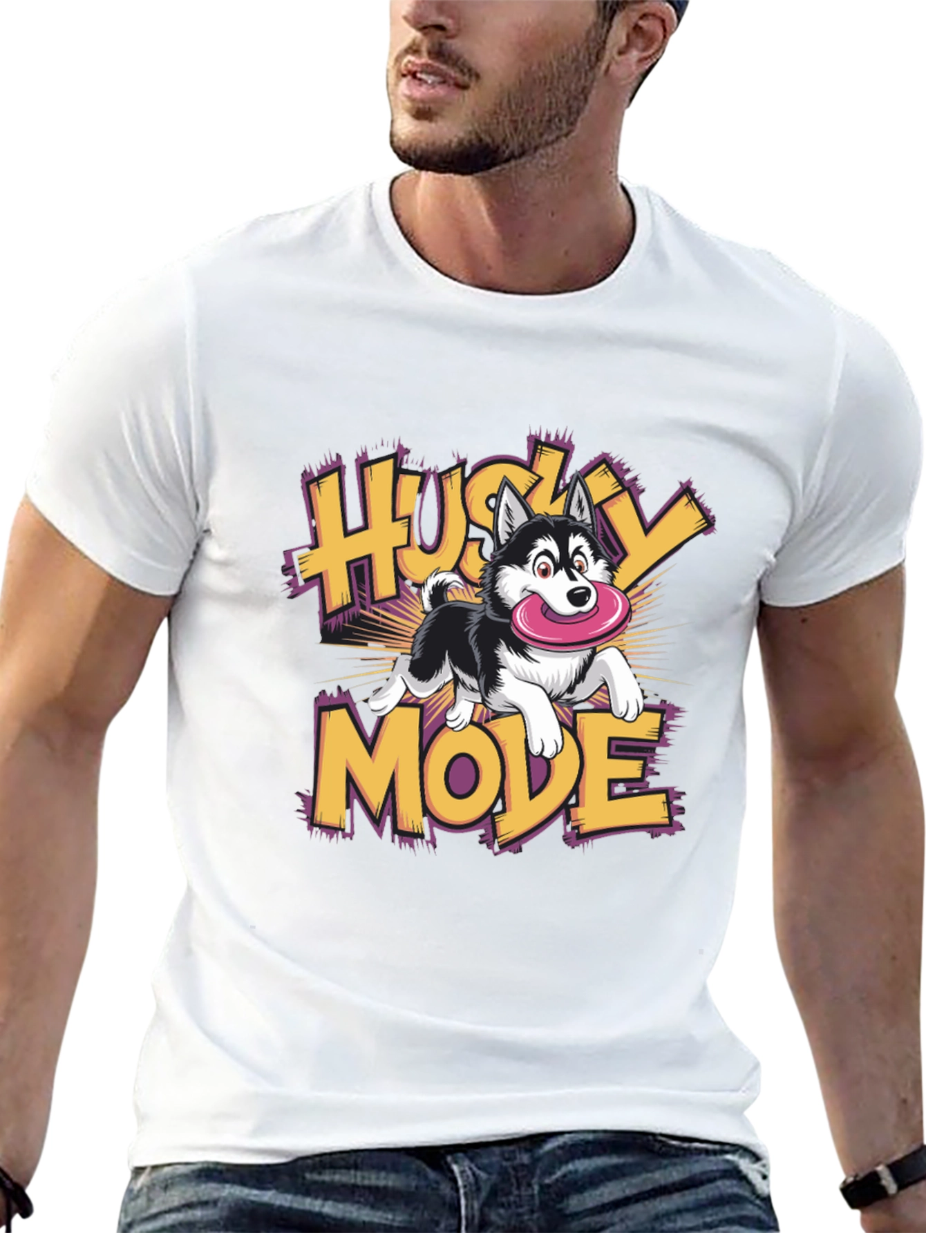 Husky Mode Cartoon Graphic Black T-Shirt