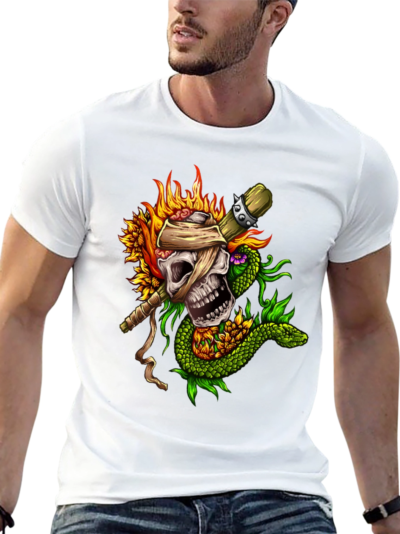 Skull Snake Sunflowers Black T-Shirt