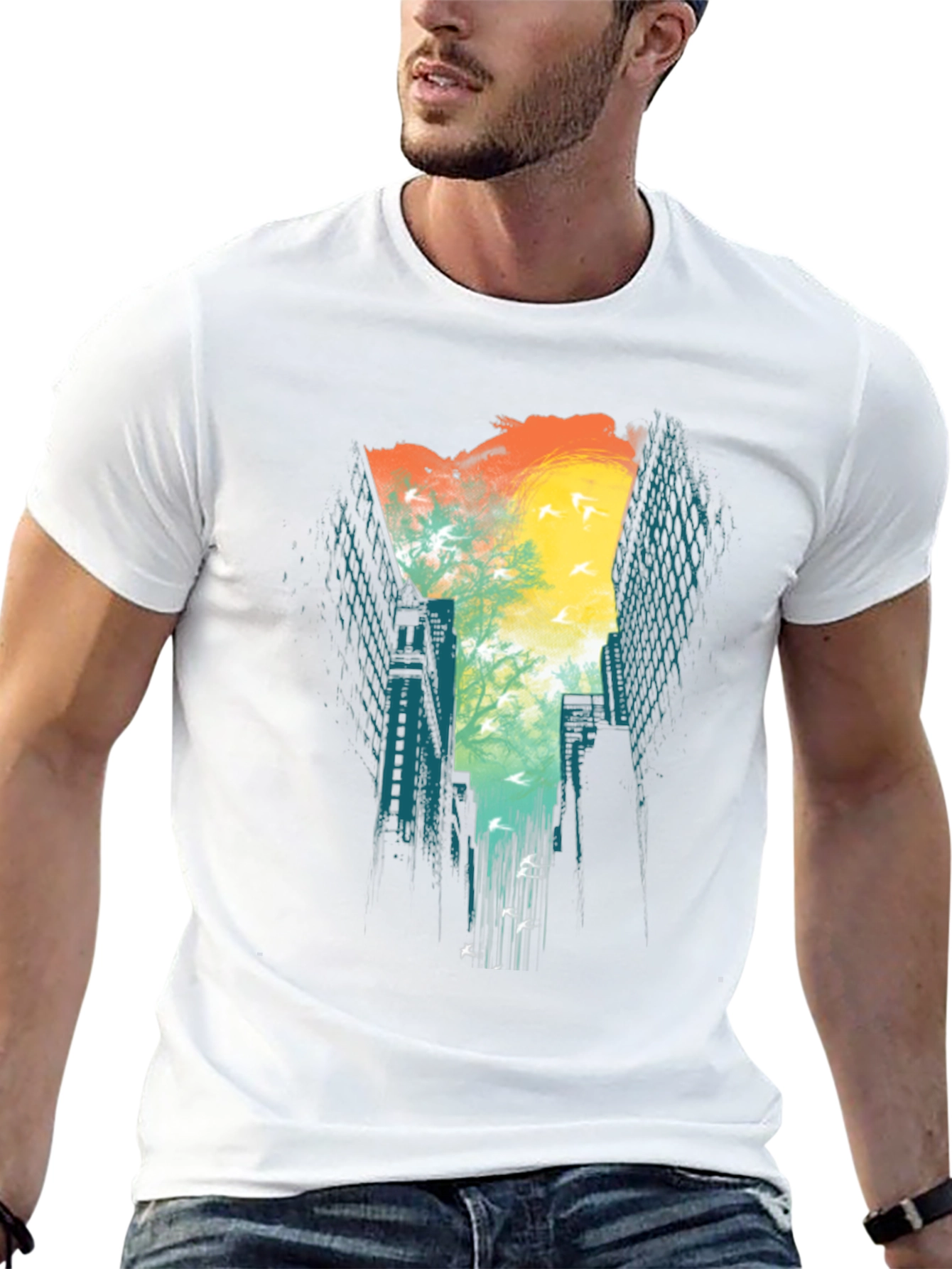 Urban Escape T-Shirt: Cityscape Bird Design