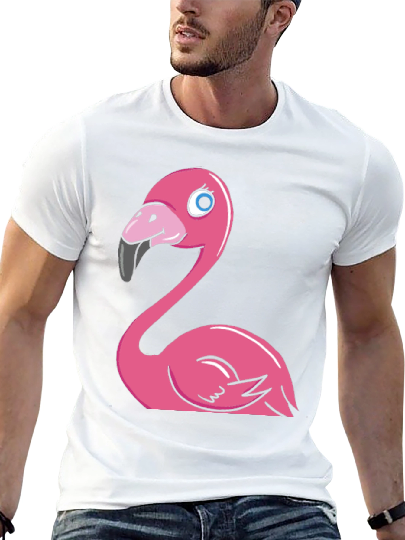 Cartoon Flamingo Graphic Tee - Black Cotton Blend
