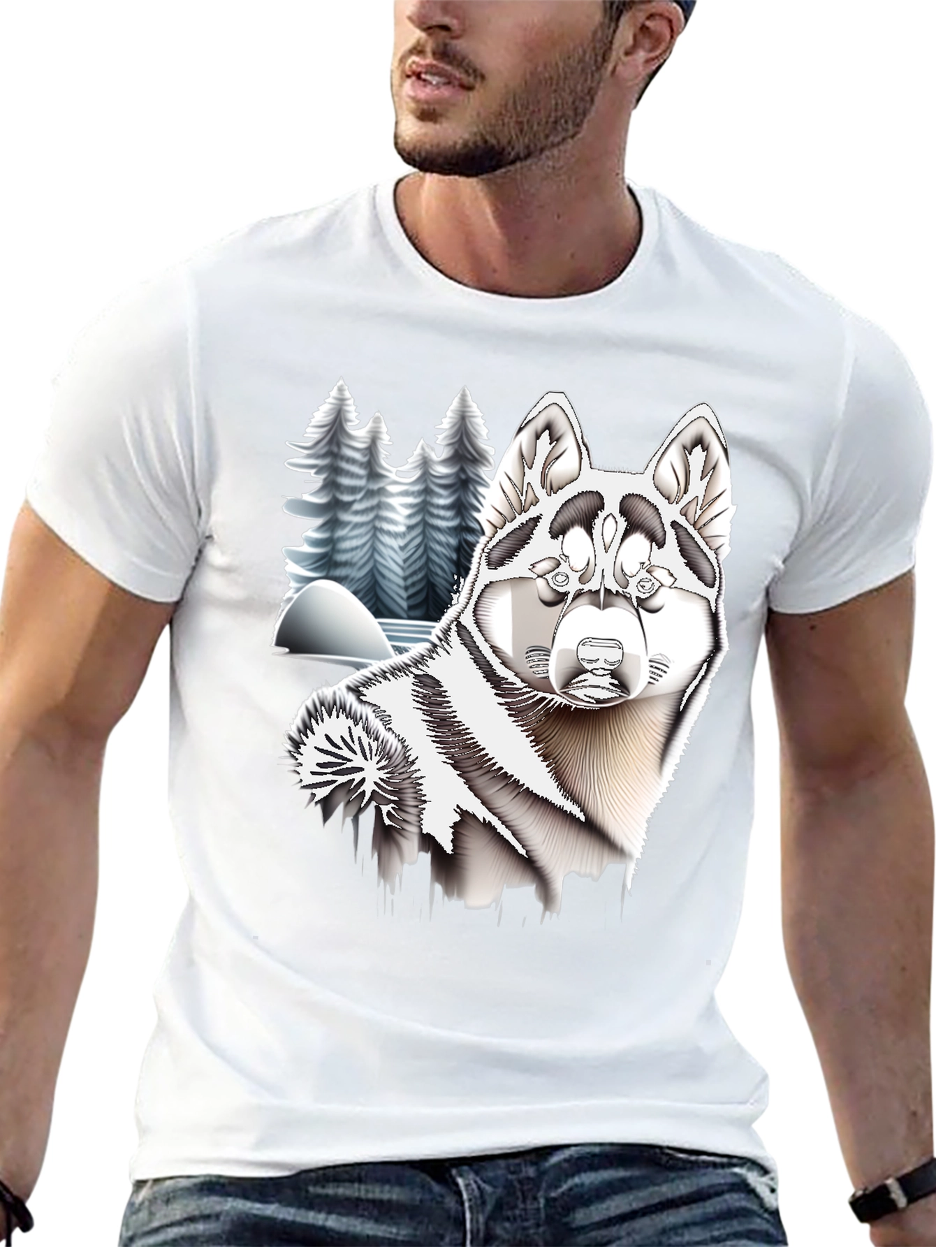 Husky Winter Scene Black T-Shirt