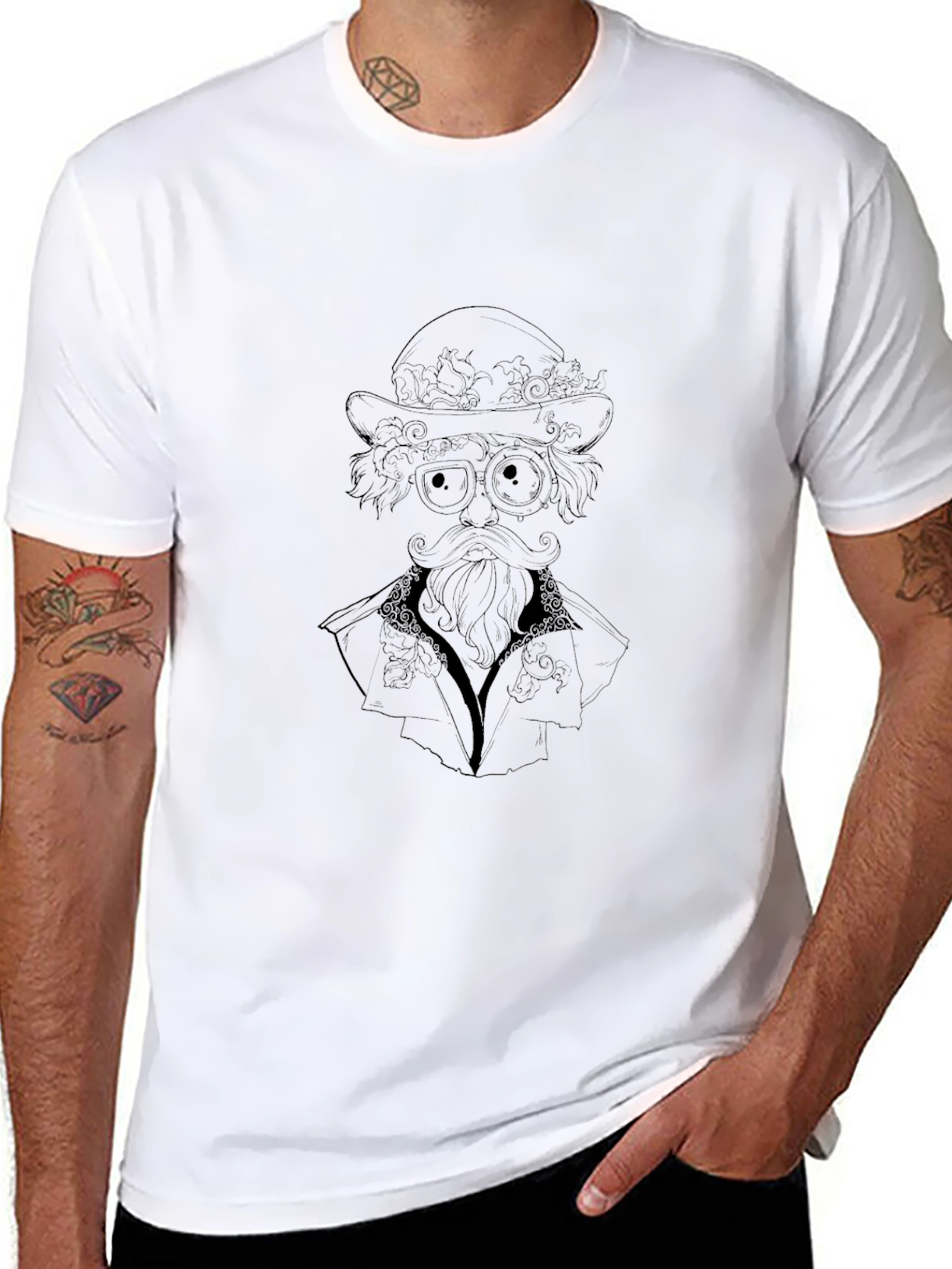 Mens Black Graphic T-Shirt - Steampunk Style Portrait
