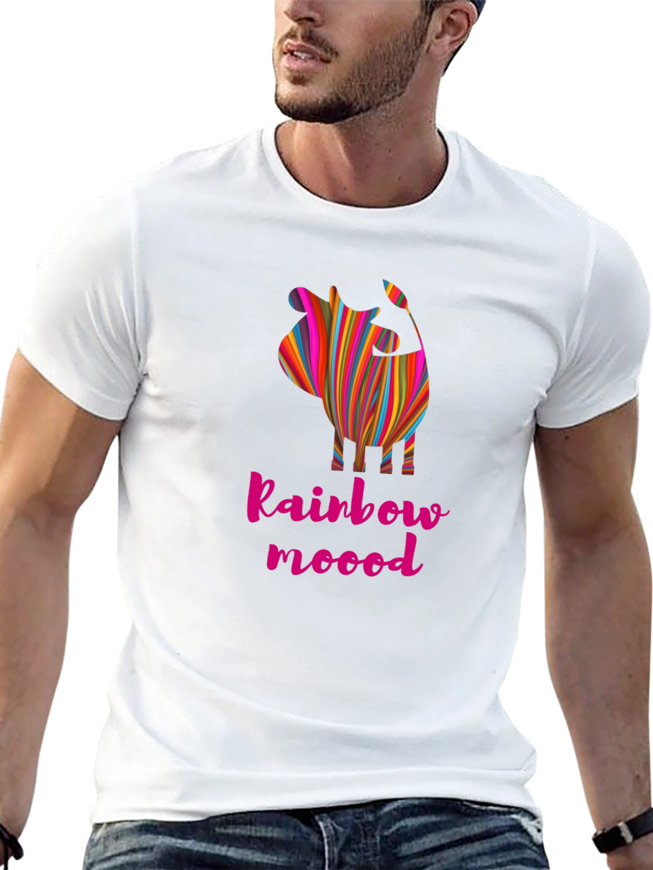 Rainbow Mood Striped Cow Graphic Tee
