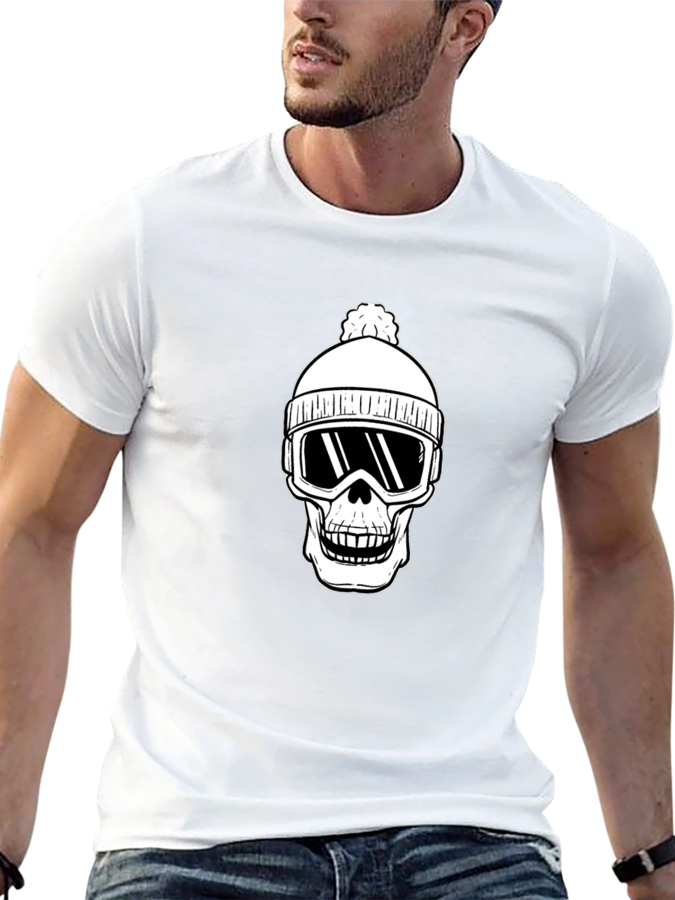 Skull Ski Beanie T-Shirt - Black Cotton Graphic Tee