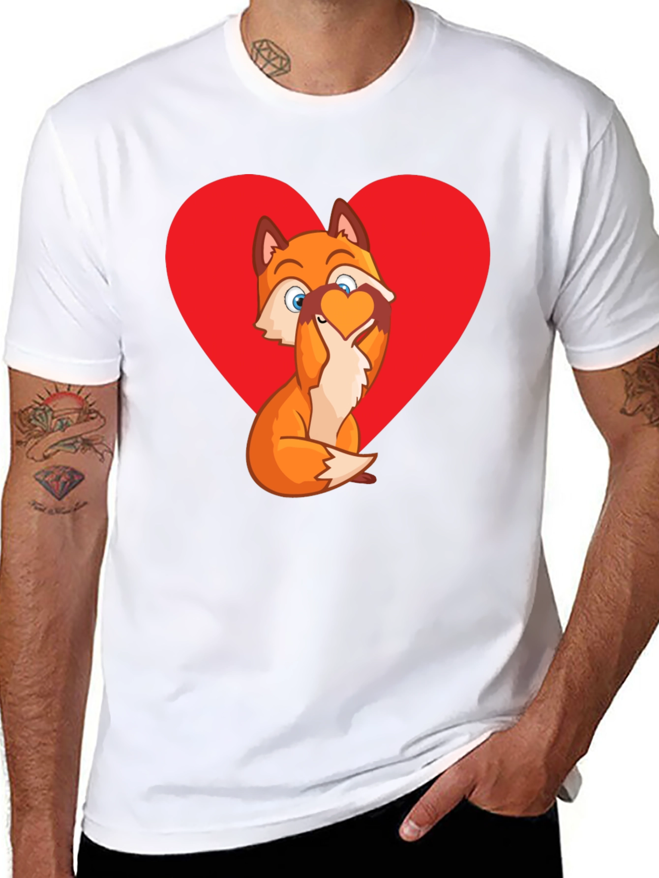 Cute Fox Heart Graphic Print Black T-Shirt