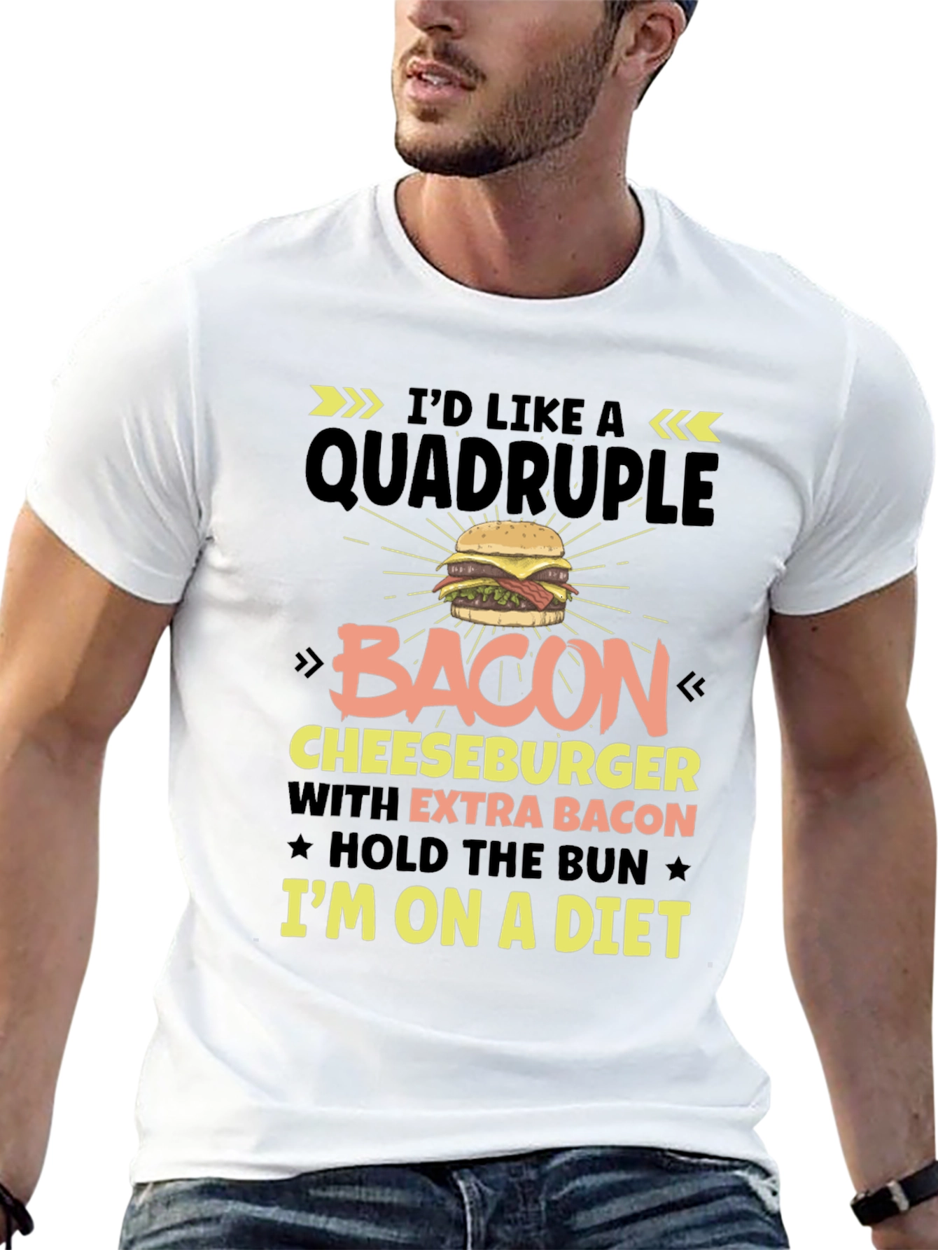 Diet Humor T-Shirt: Quadruple Bacon Cheeseburger Design
