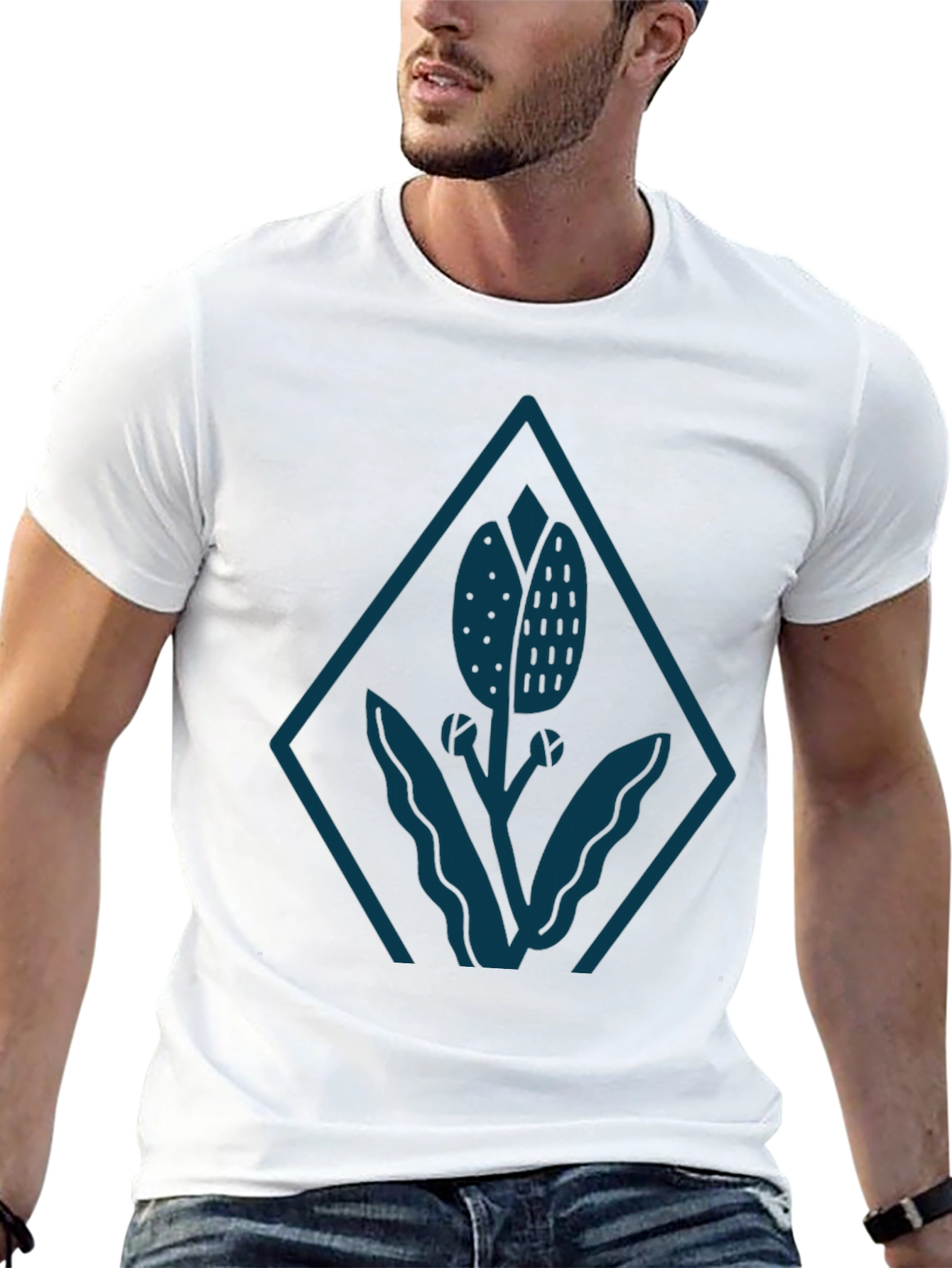 Mens Black Tee with Stylized Floral Diamond Design