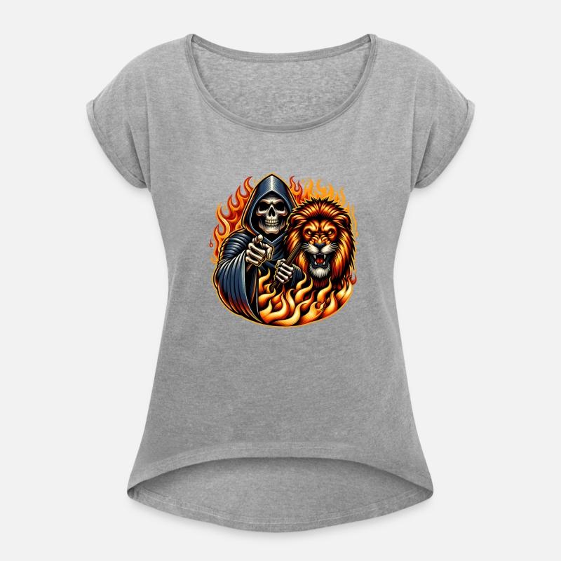 "Hooded Skeleton with Fierce Lion in Flames