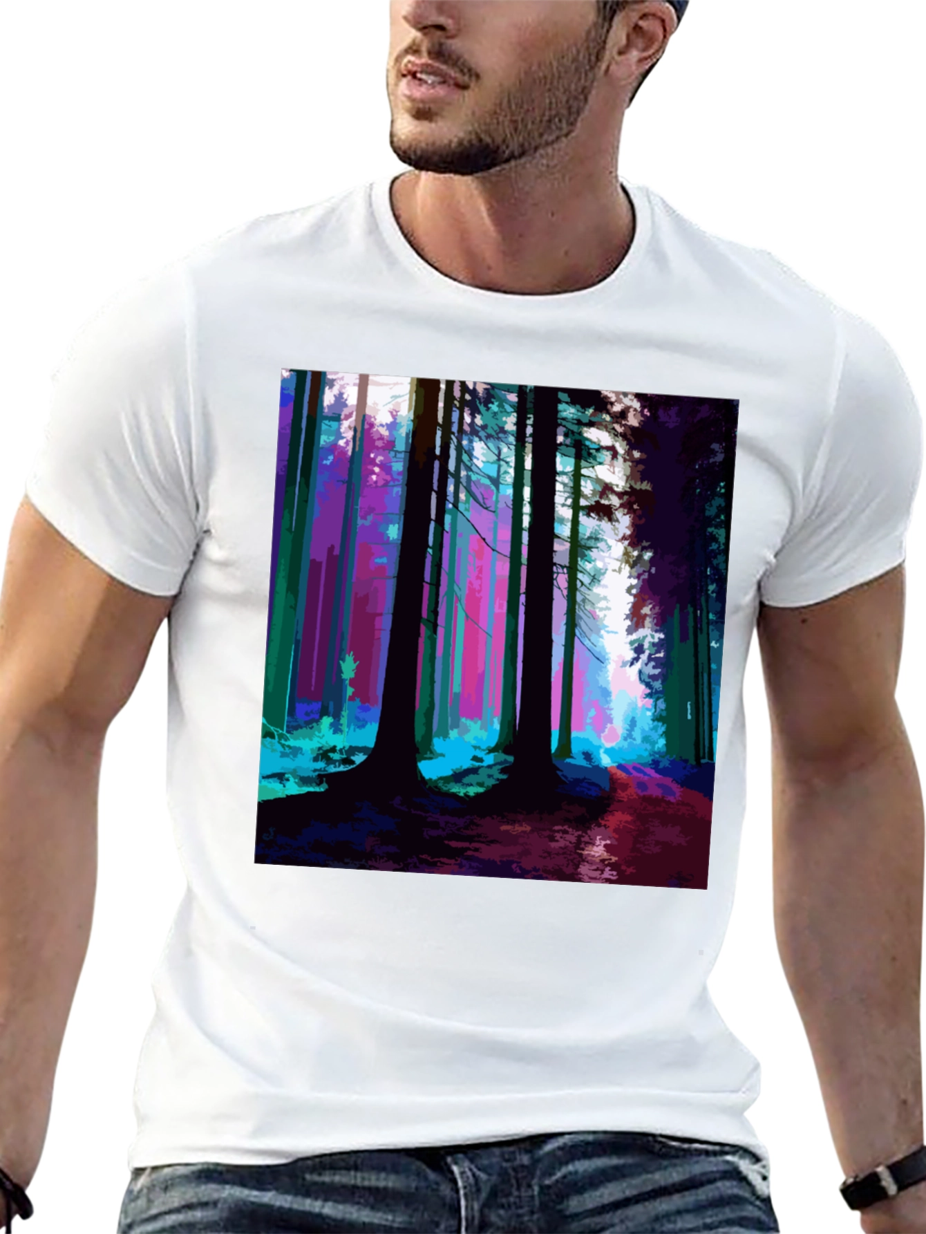 Vibrant Forest Print Black T-Shirt