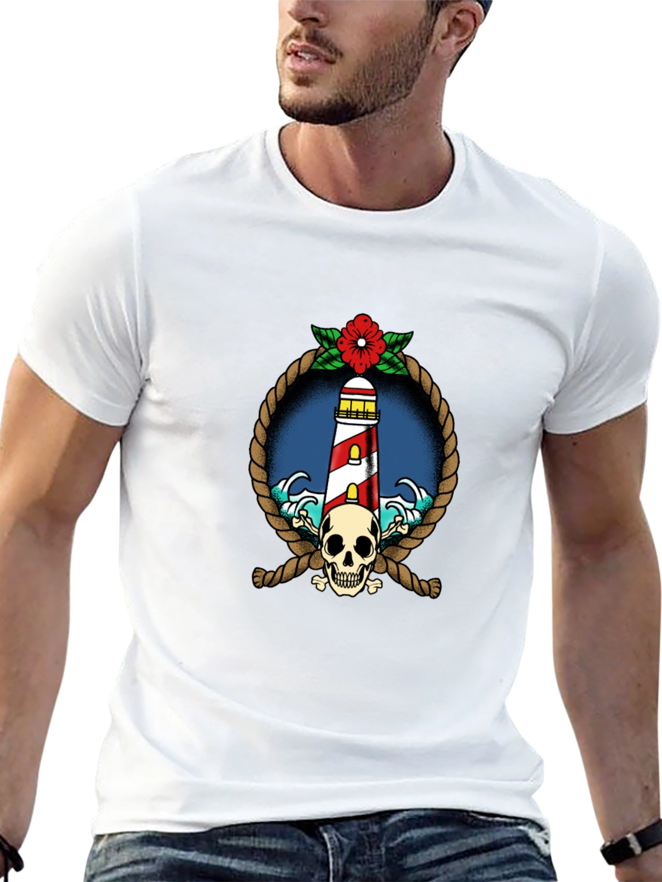 Nautical Lighthouse Skull Graphic Tee - Black