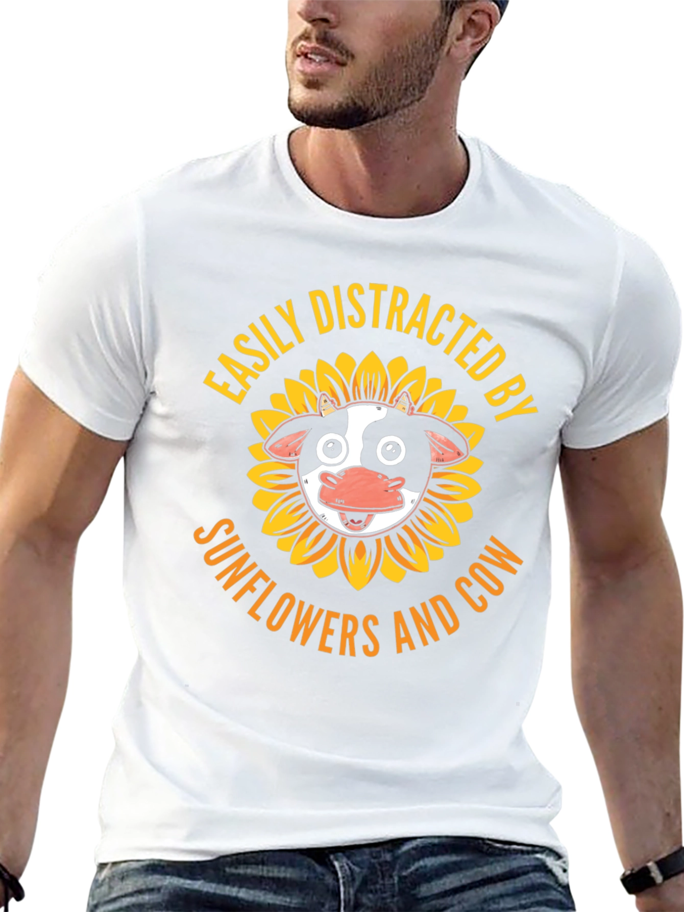 Easily Distracted By Sunflowers and Cow Graphic T-Shirt