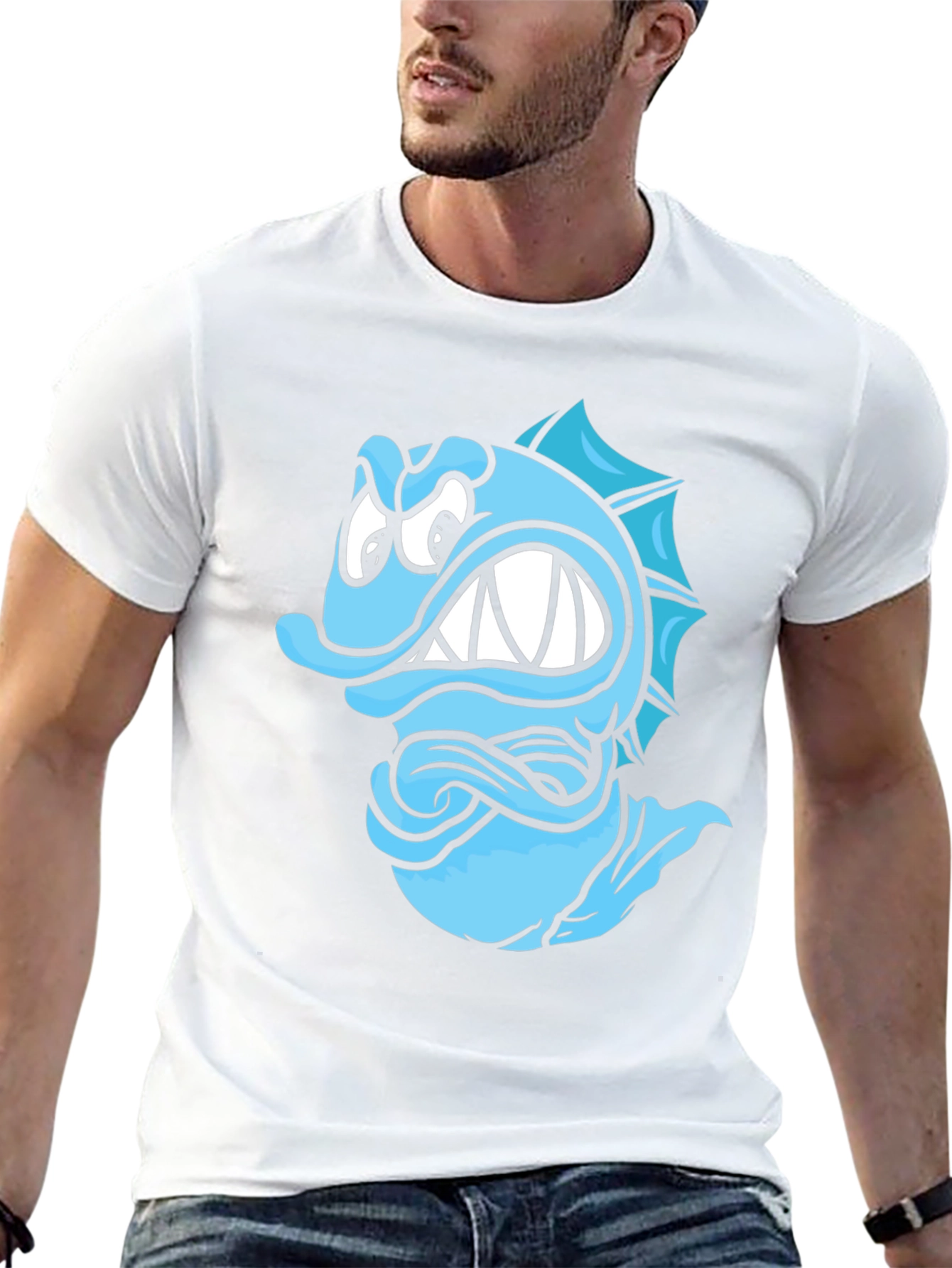 Angry Blue Fish Graphic T-Shirt