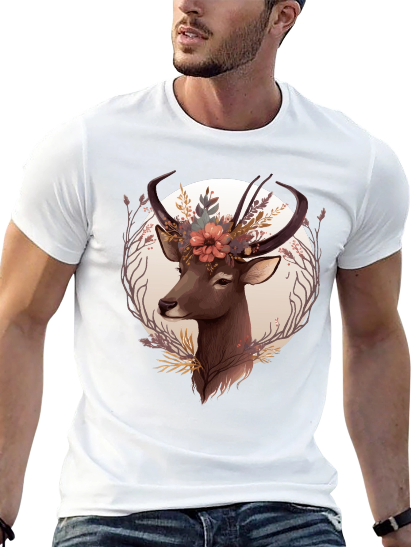 Floral Deer Graphic Tee - Trendy Nature Design