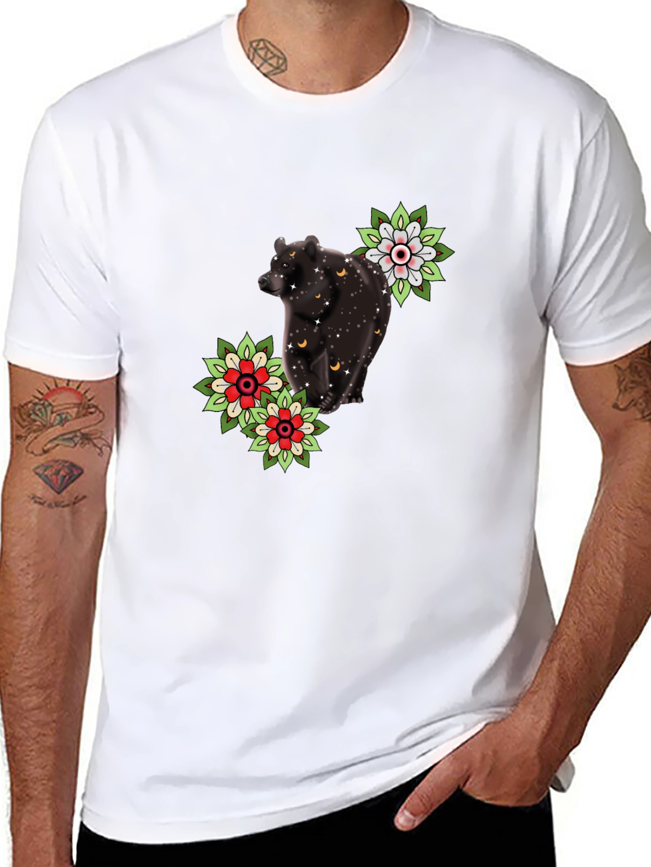 Bear & Flower Graphic Tee - Black