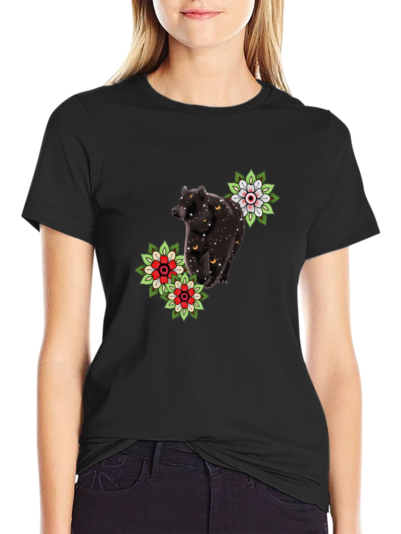 Bear & Flower Graphic Tee - Black