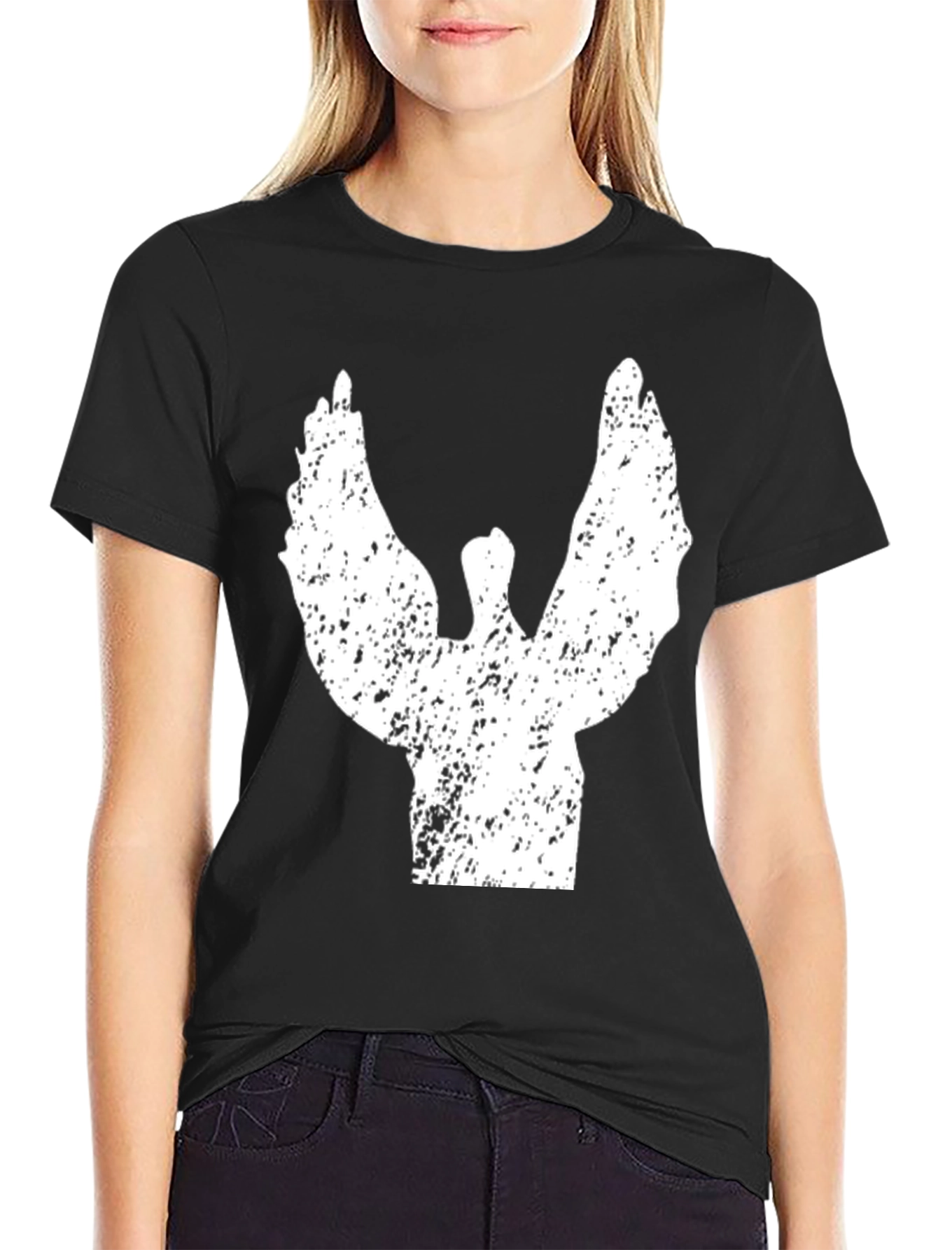 Grunge Angel Wings Graphic Tee - Black Cotton T-Shirt