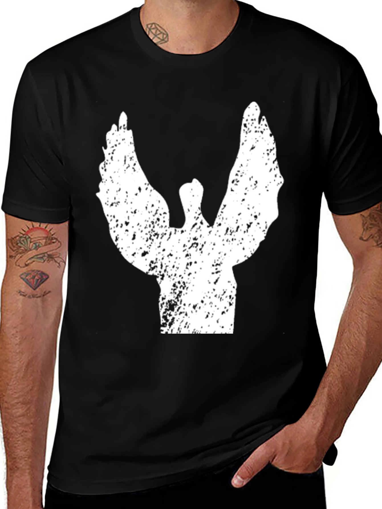 Grunge Angel Wings Graphic Tee - Black Cotton T-Shirt