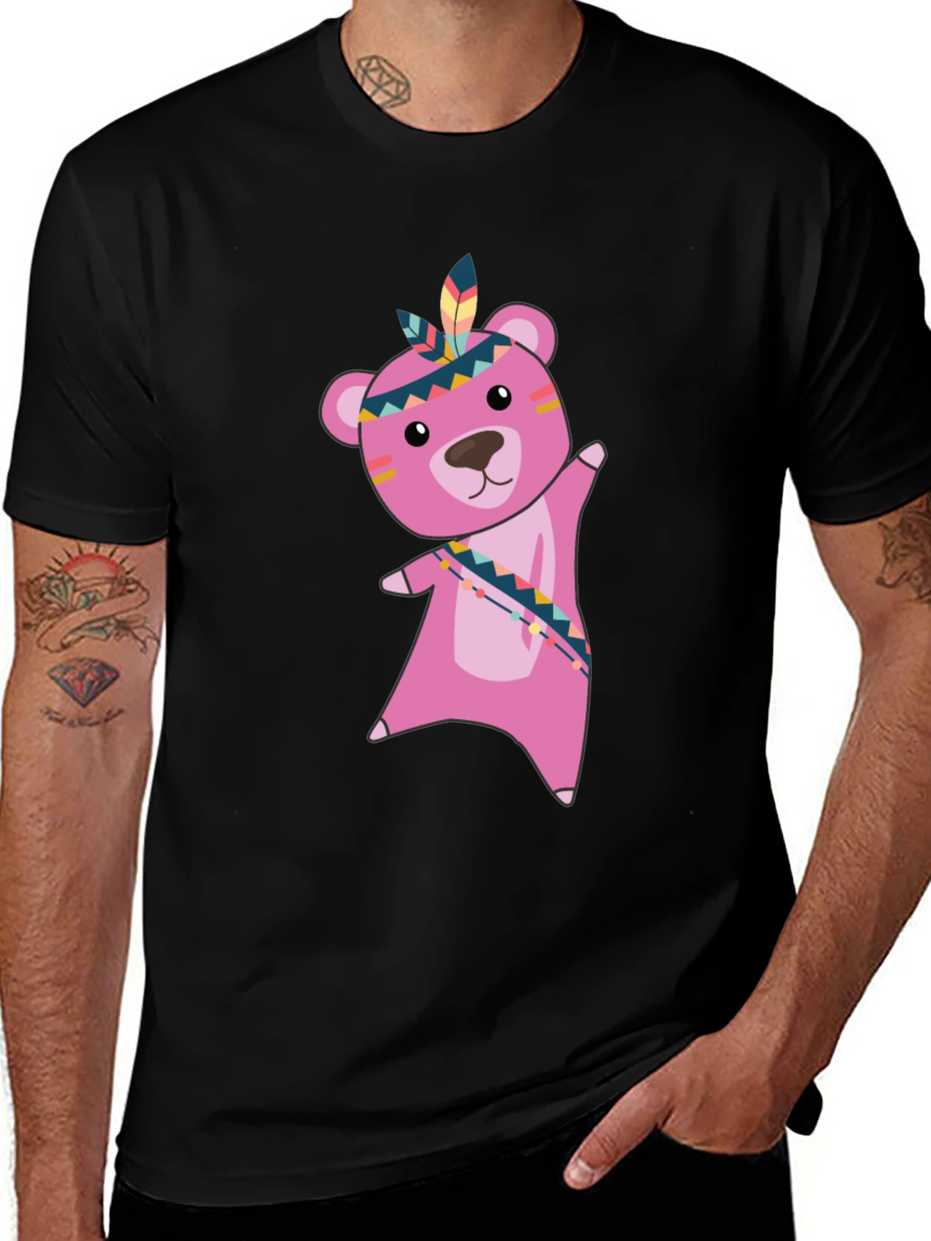 Black T-Shirt with Pink Native American Bear Graphic