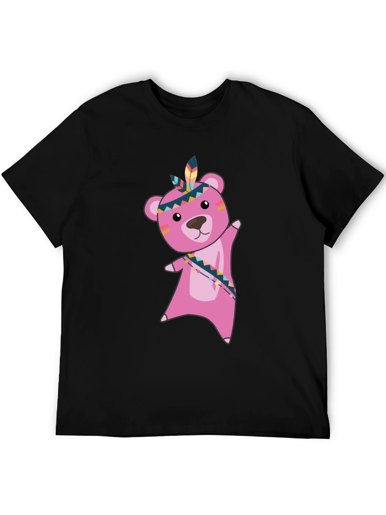 Black T-Shirt with Pink Native American Bear Graphic