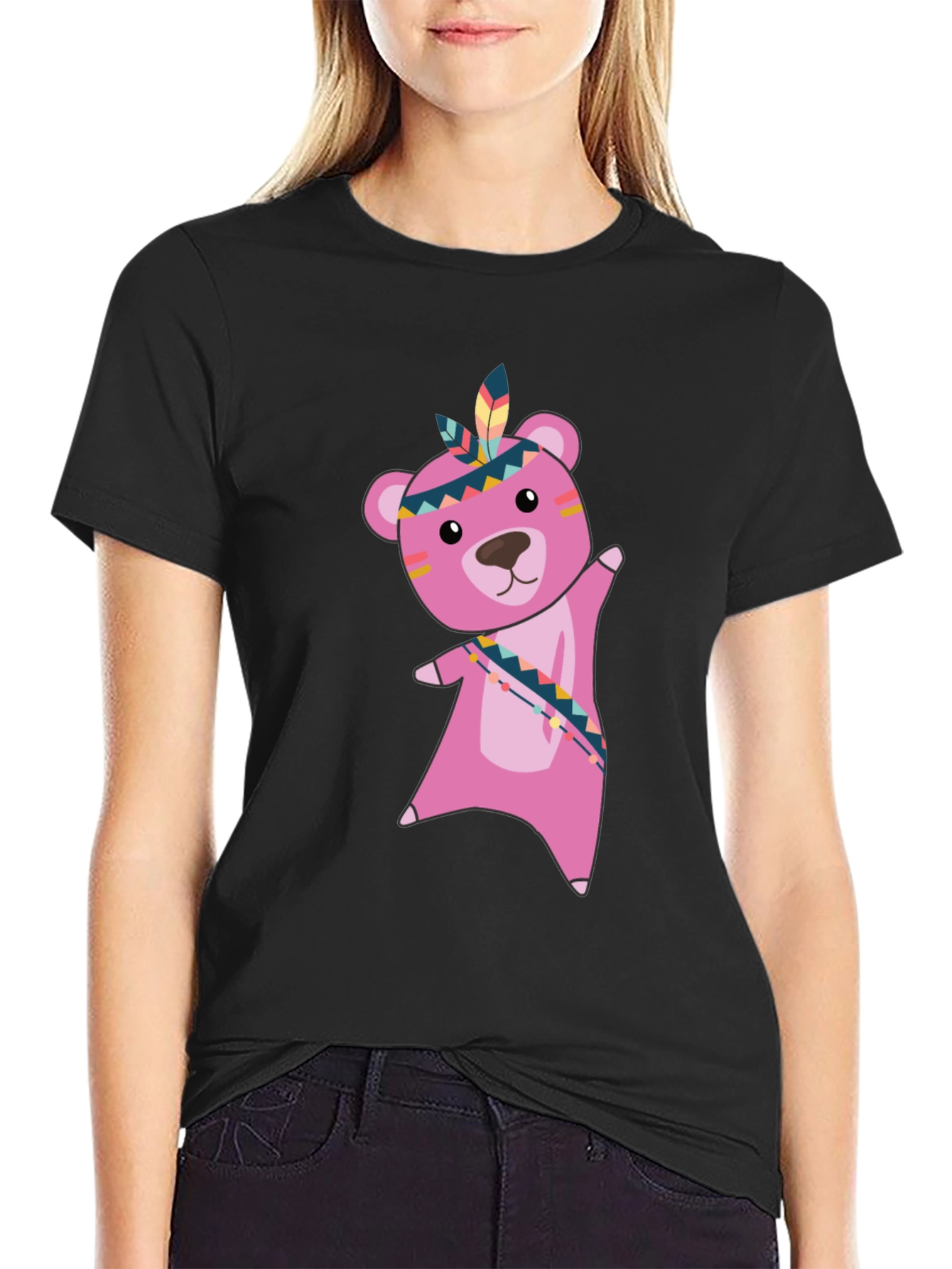 Black T-Shirt with Pink Native American Bear Graphic