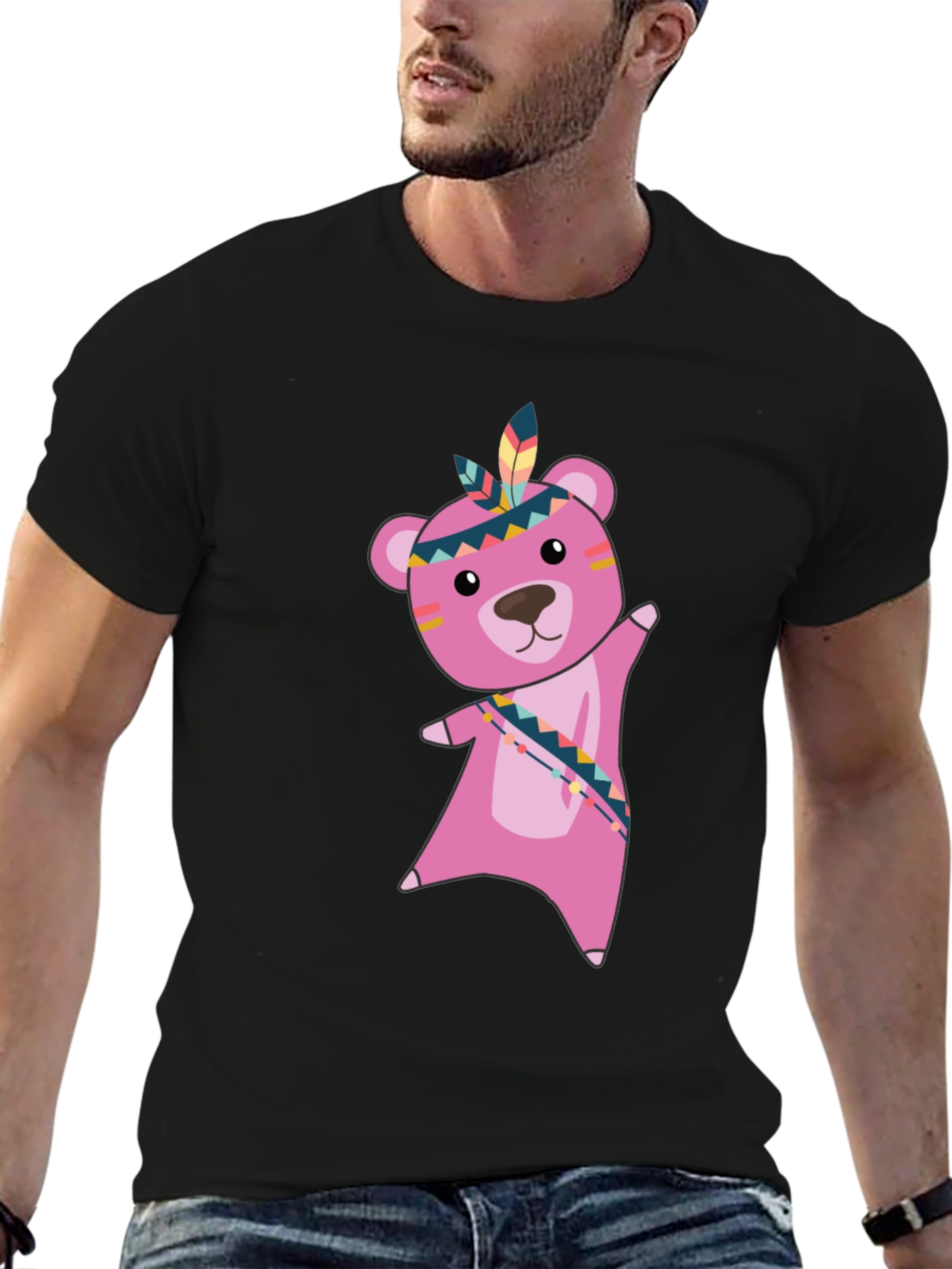 Black T-Shirt with Pink Native American Bear Graphic