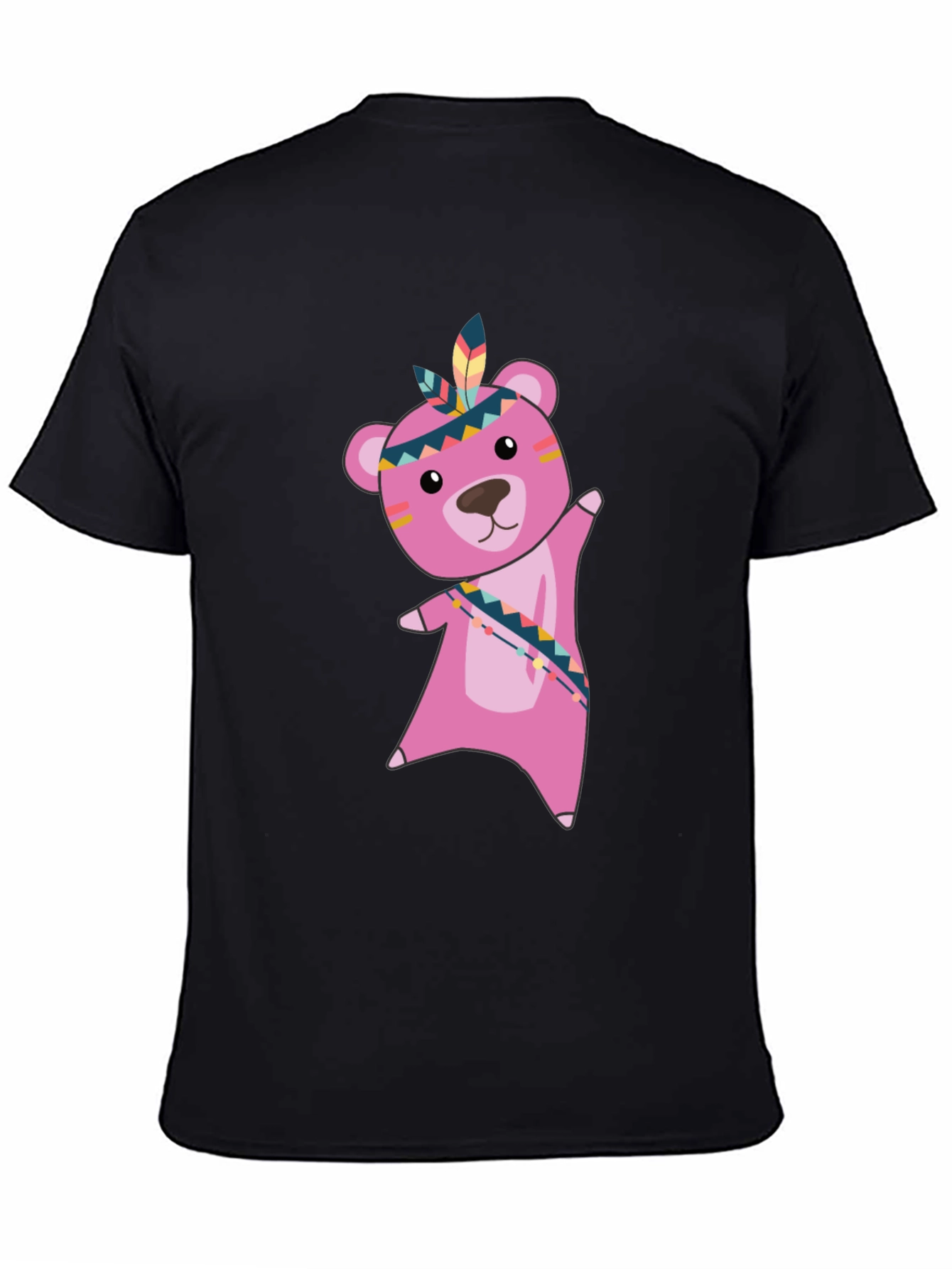 Black T-Shirt with Pink Native American Bear Graphic