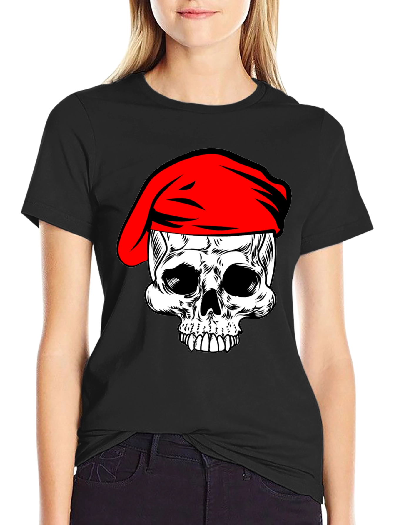 Skull with Red Beret T-Shirt - Black