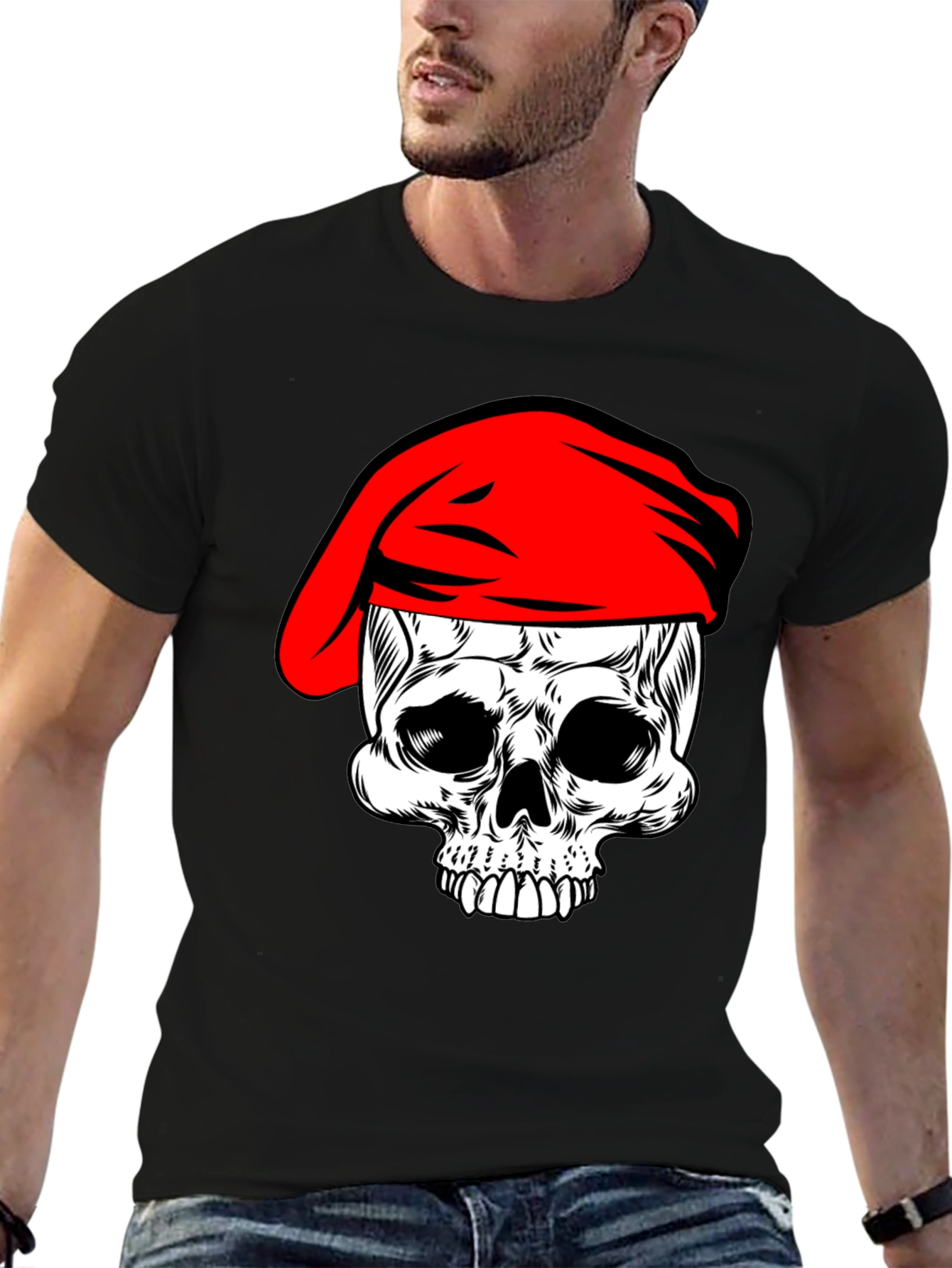 Skull with Red Beret T-Shirt - Black