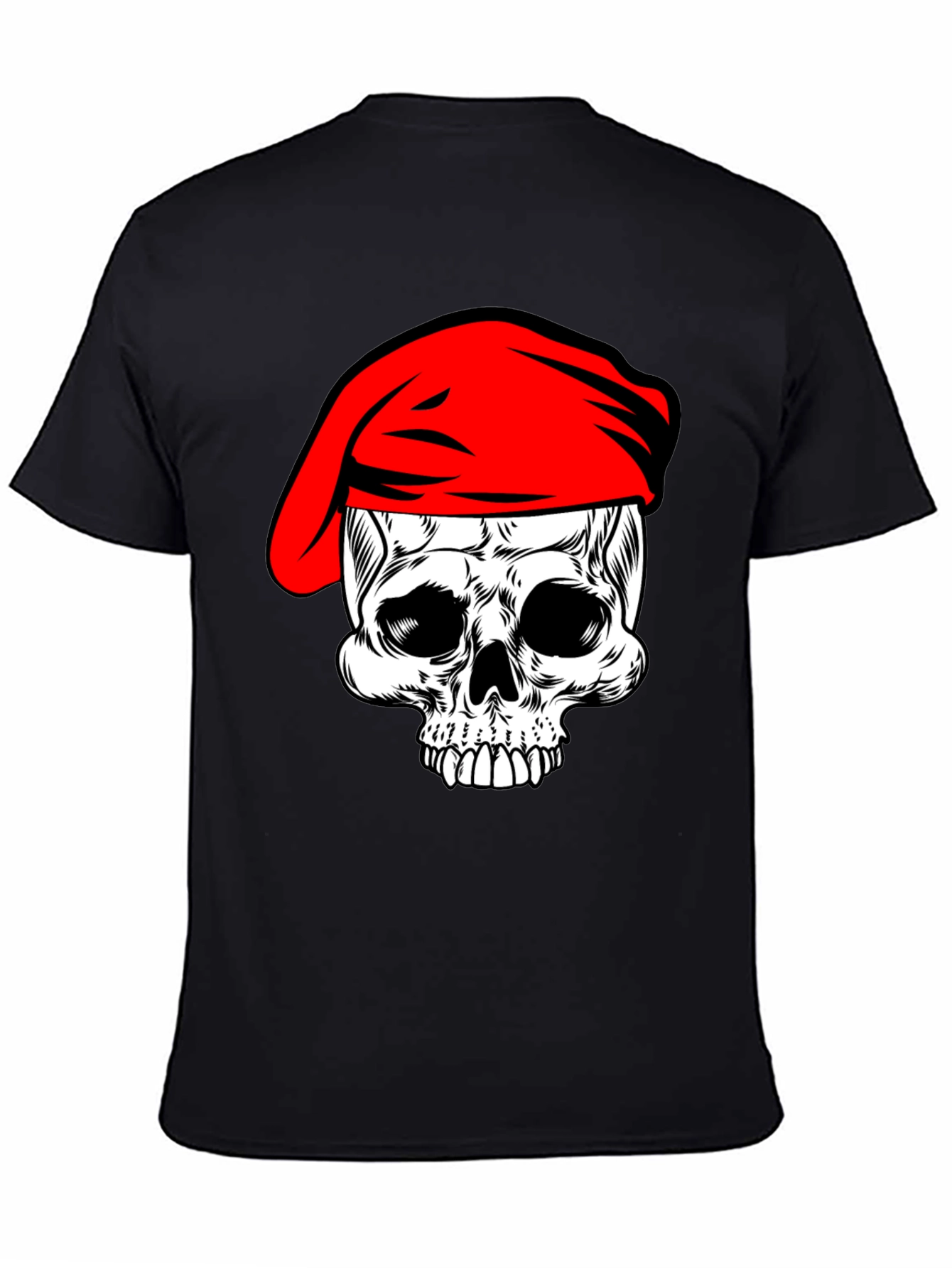 Skull with Red Beret T-Shirt - Black