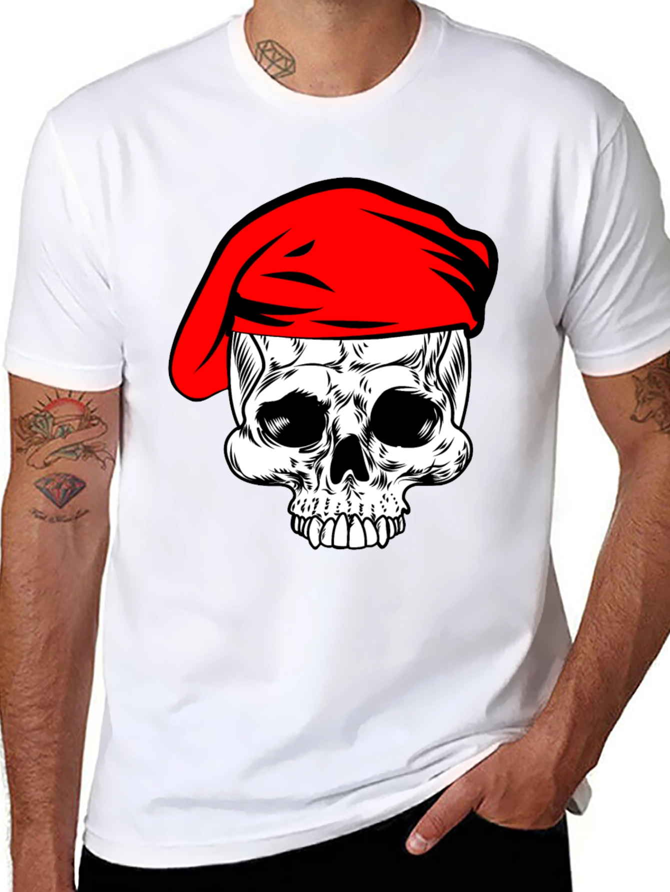 Skull with Red Beret T-Shirt - Black