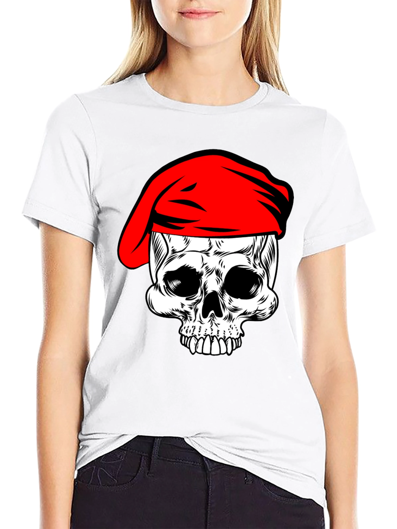 Skull with Red Beret T-Shirt - Black